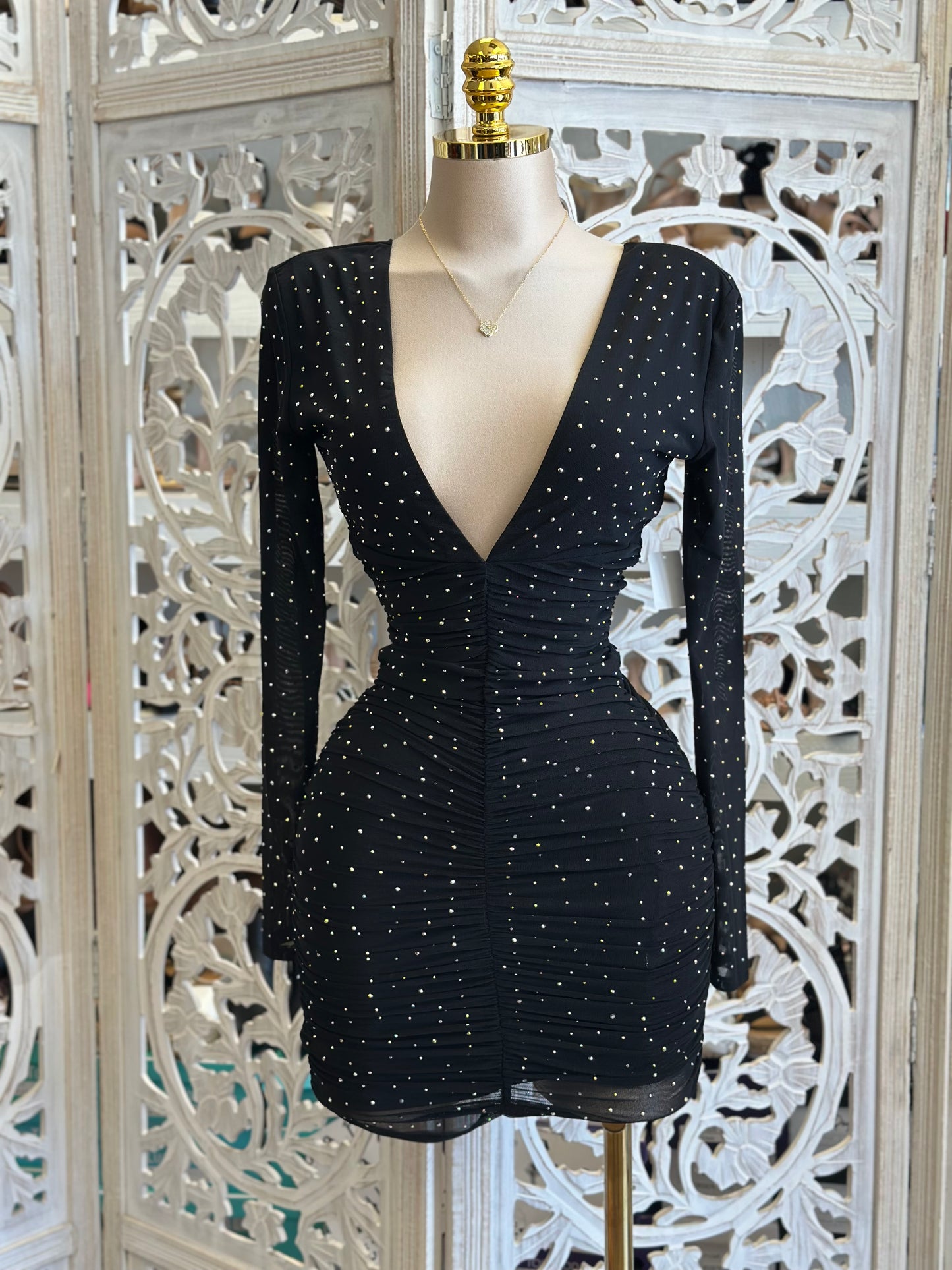 Deep V Rhinestone Bodycon Dress- Stretchy, Estira