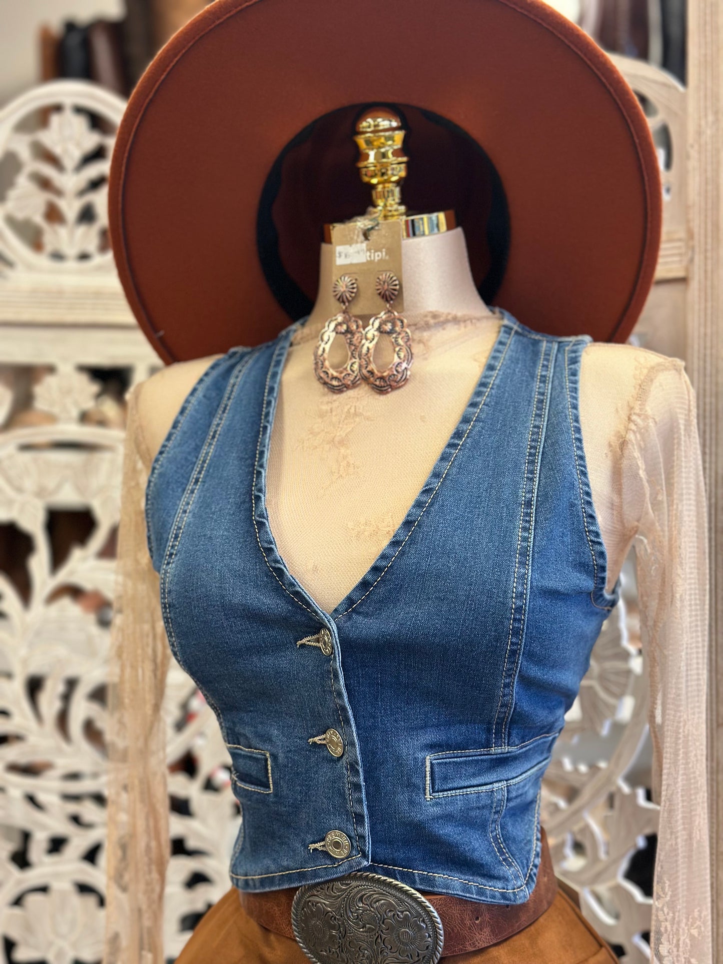 V Neck Denim Vest- Slightly Stretchy