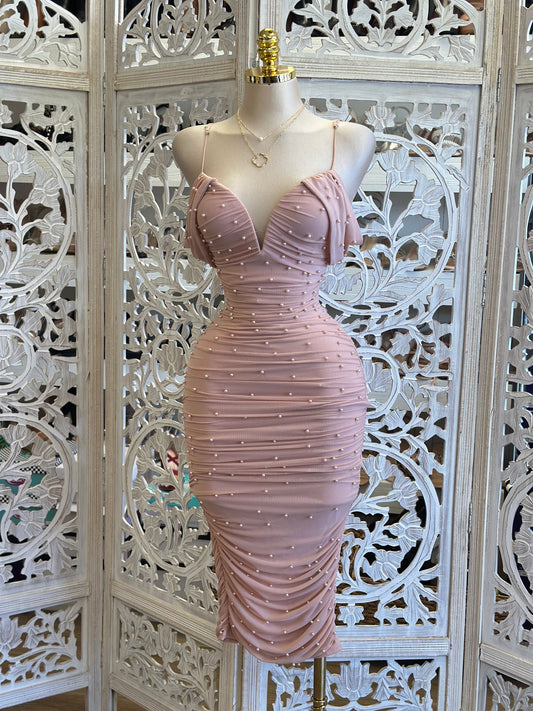 Pink Haze Heartline Pearl Embellished Ruched Dress- Stretchy,Estira