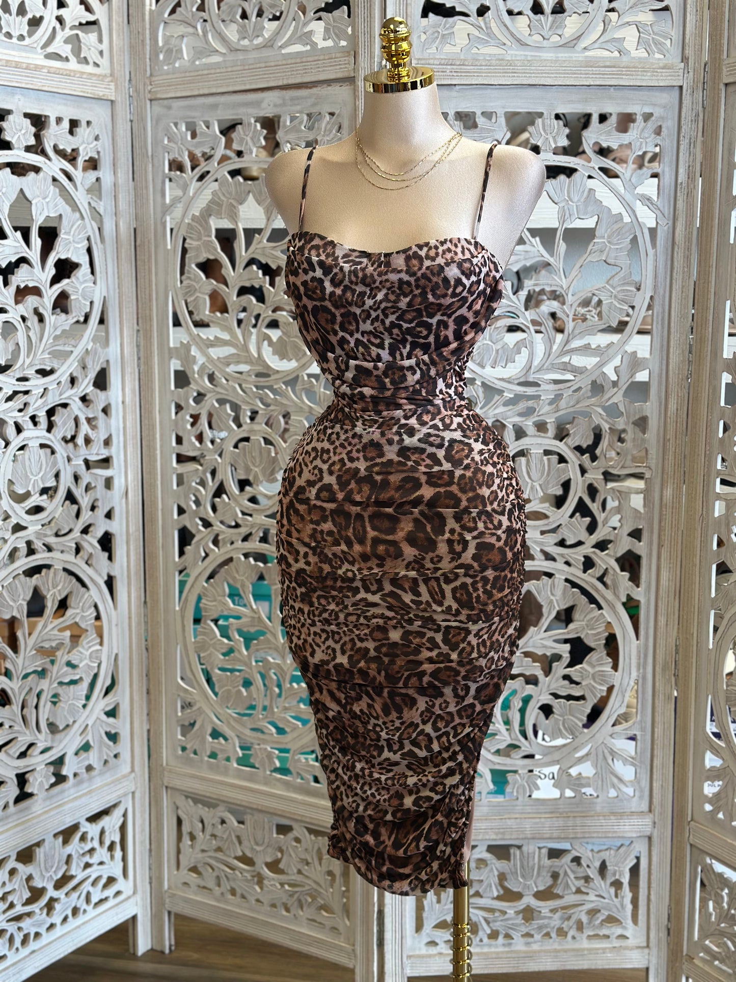 Cheetah Cami Ruched Midi Dress- Stretchy,Estira