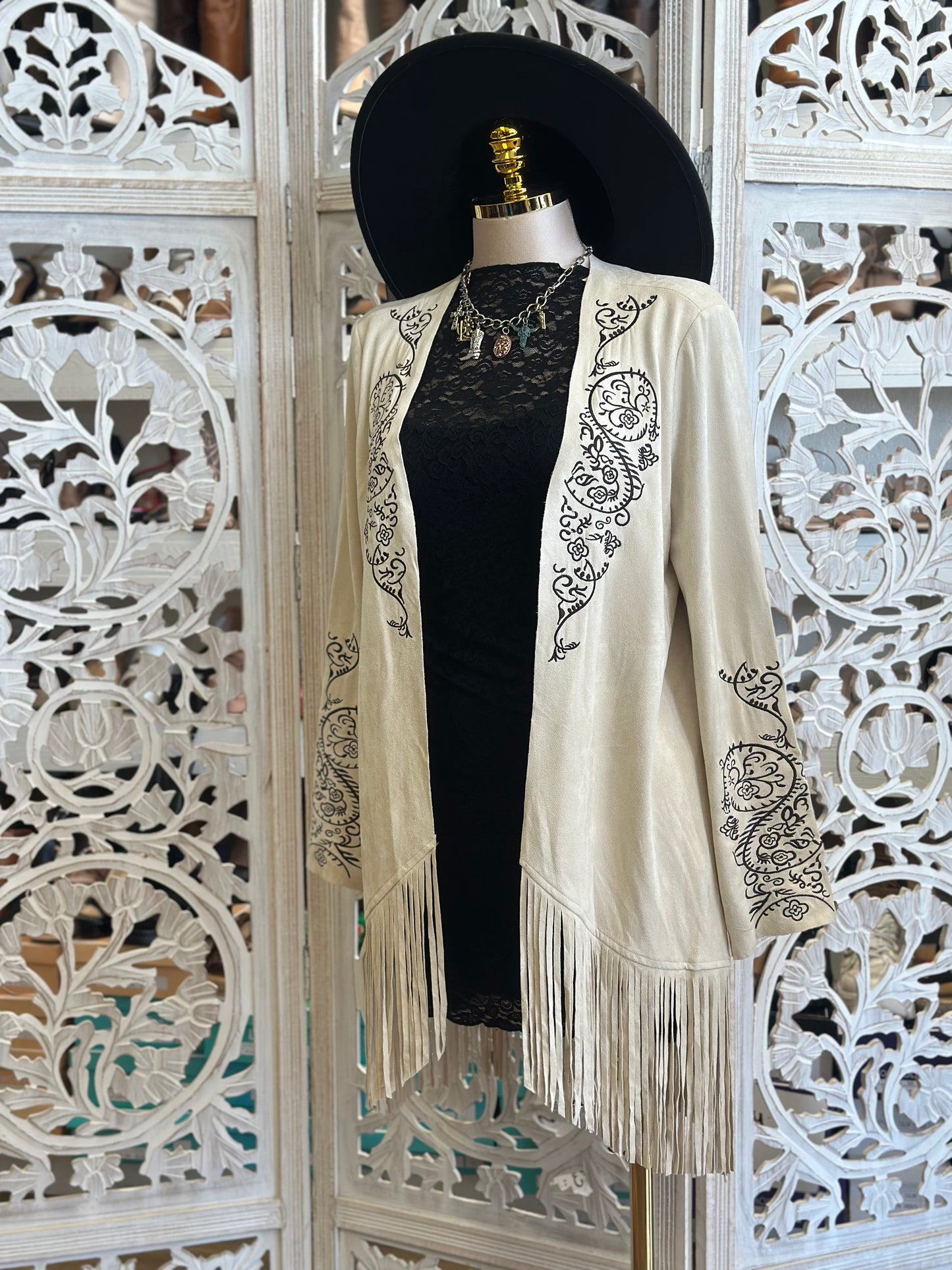 Ivory Suede Embroidered Fringe Cardigan - Stretchy, Estira