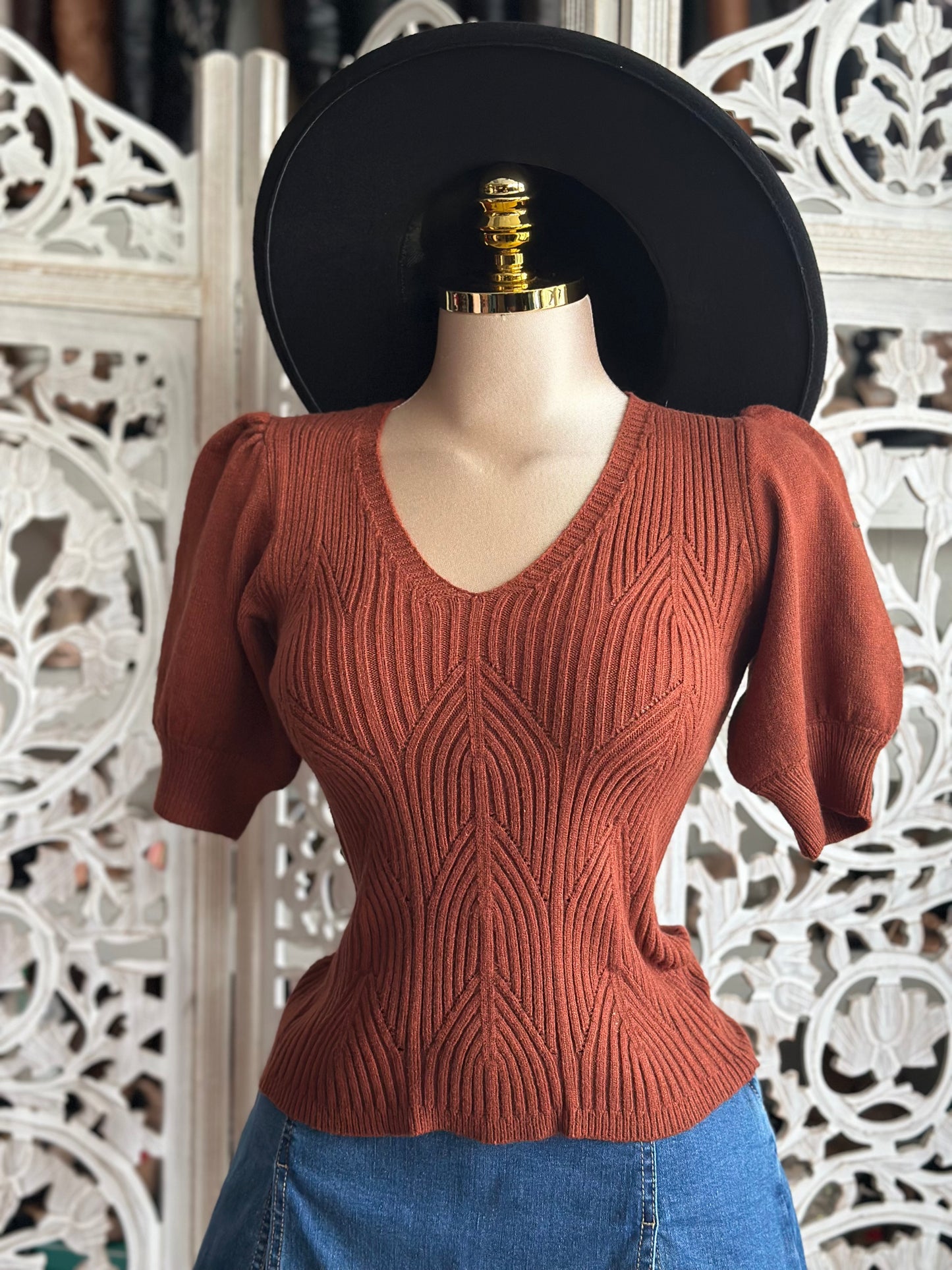 Rust Knit Puff Sleeve Blouse- Estira, Stretchy