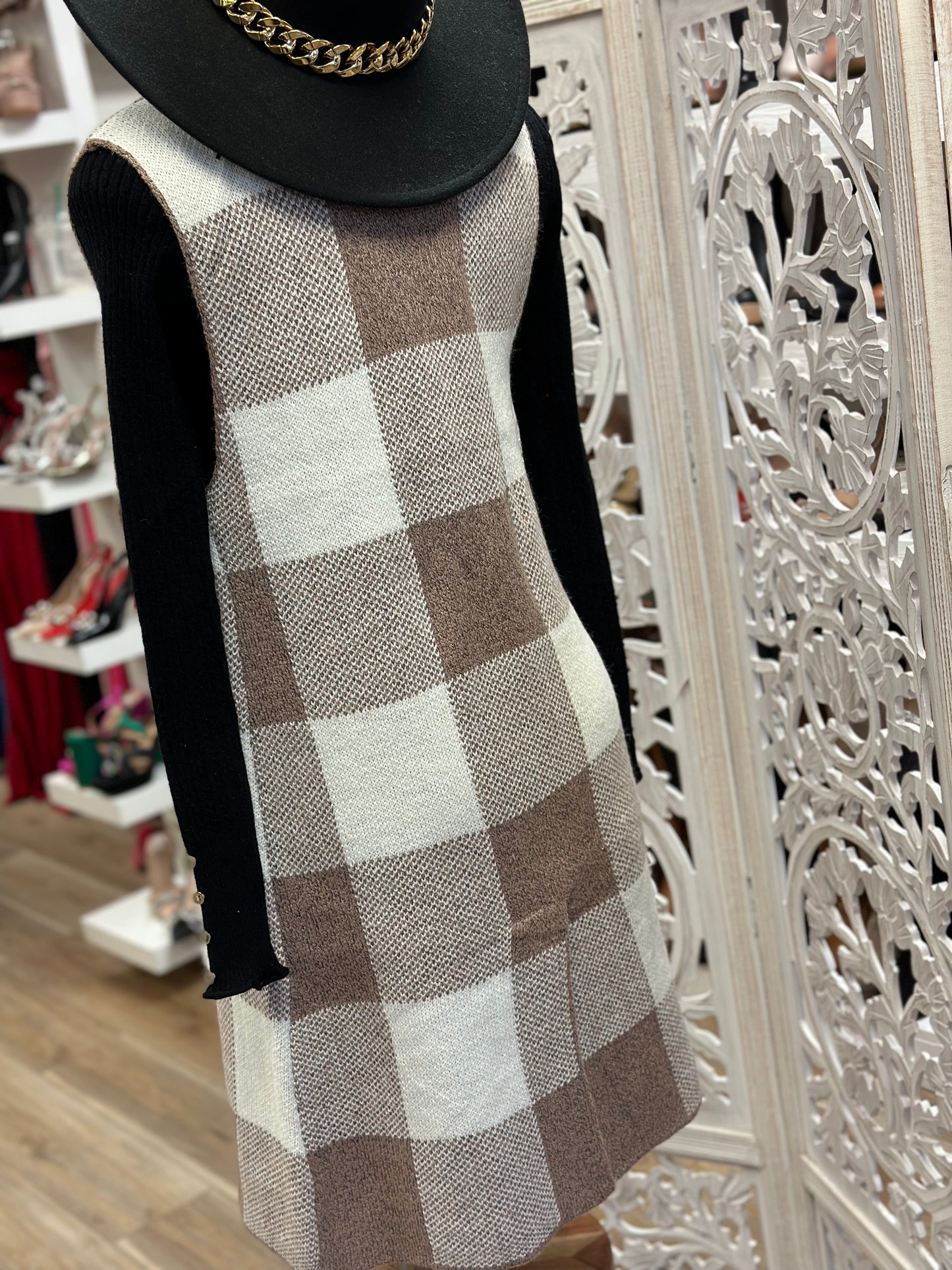 Mocha and White Plaid Vest