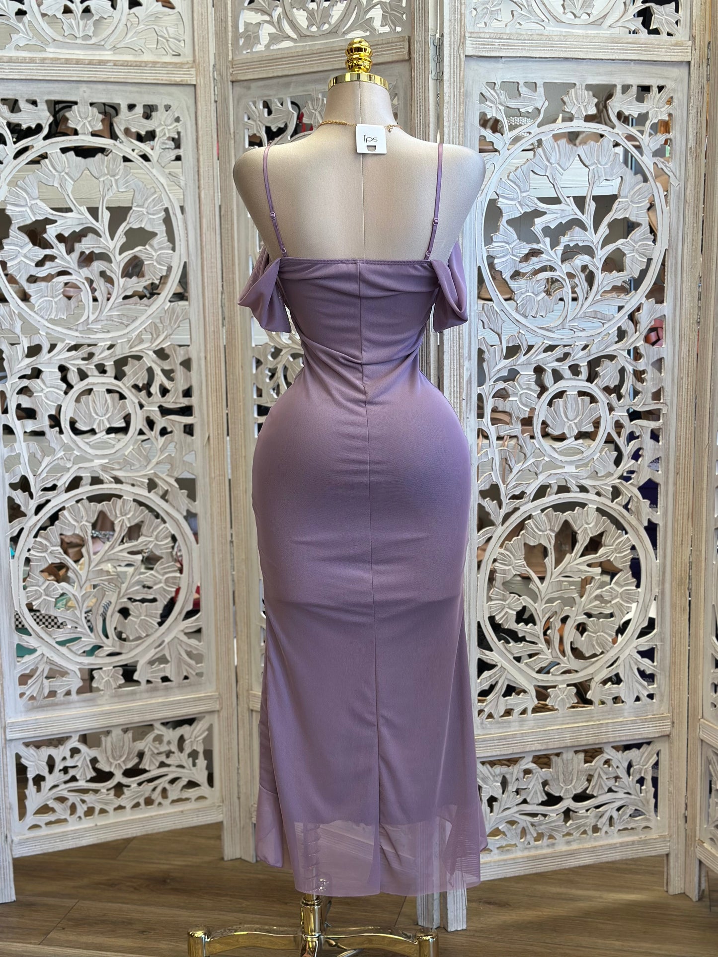 Haze Purple Off Shoulder Draped Ruffle Midi Dress-Estira, Stretchy