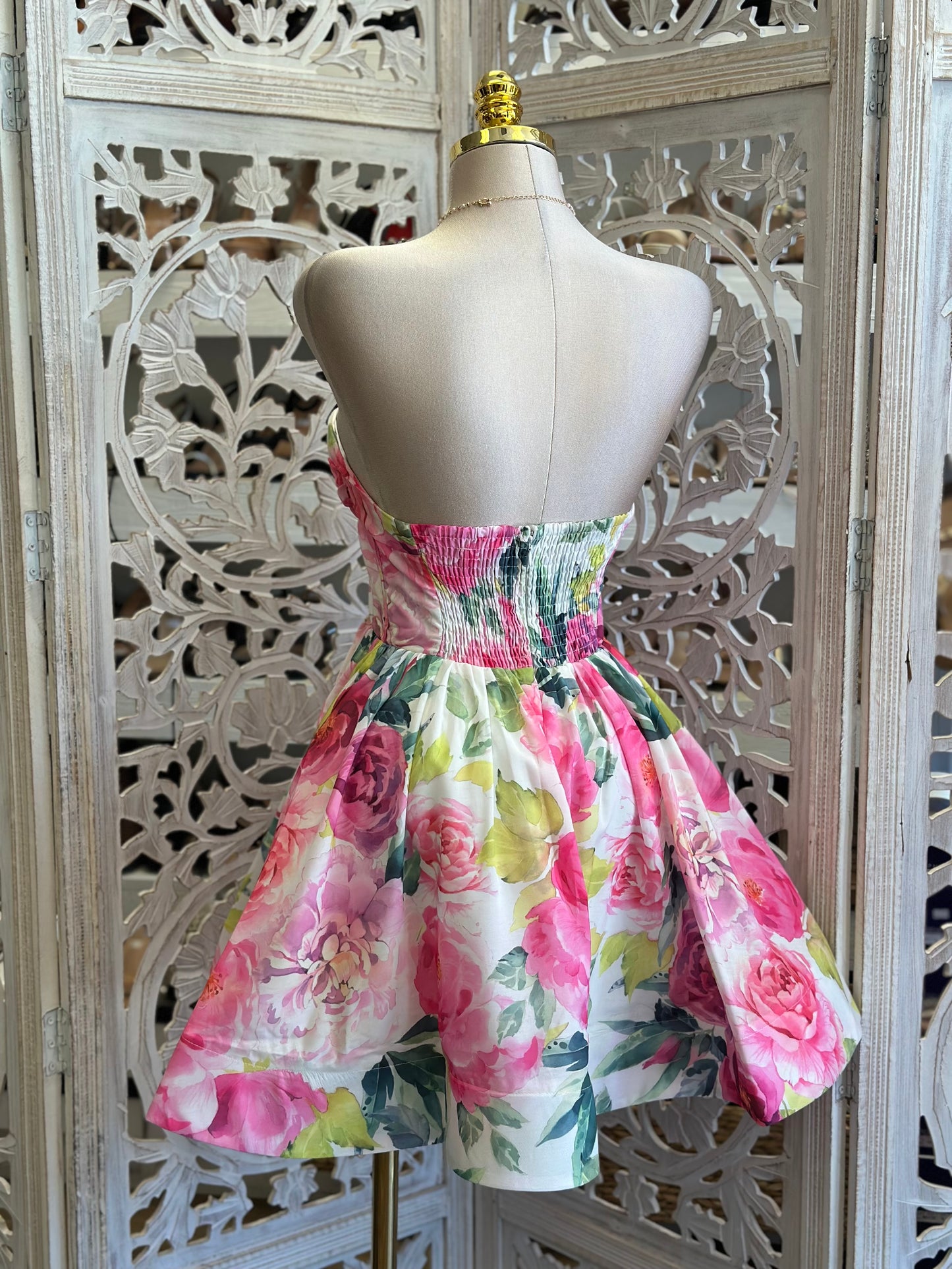 Bright Pink Strapless Floral Mini Dress- Slightly Stretchy , Estira Poco
