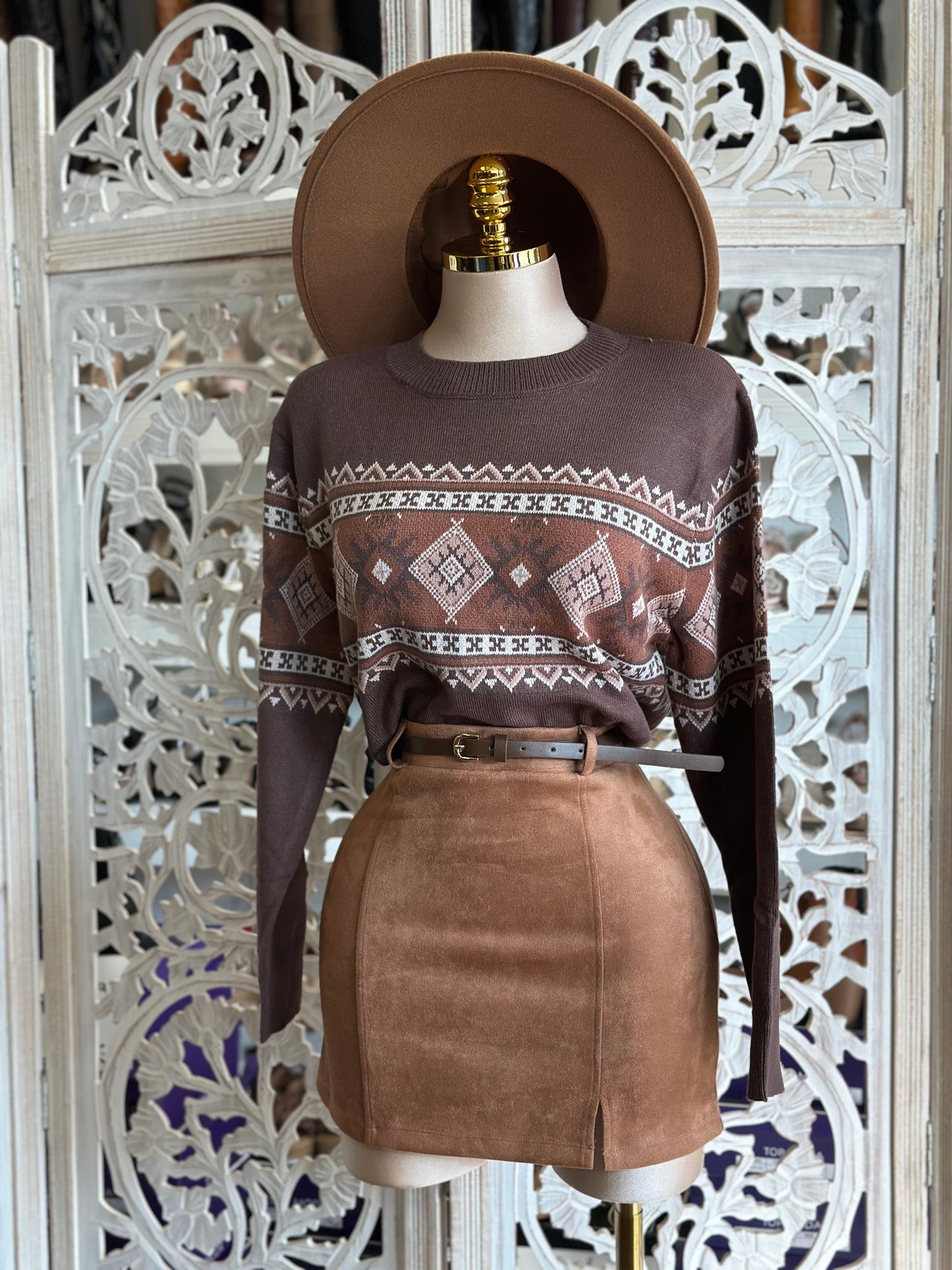 Winter Aztec Print Brown Sweater