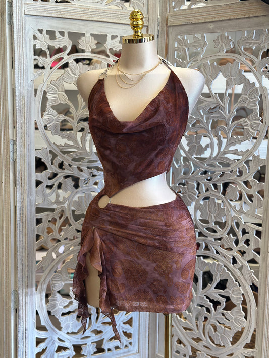 Brass Cutout Draped Mini Dress- Estira, Stretchy