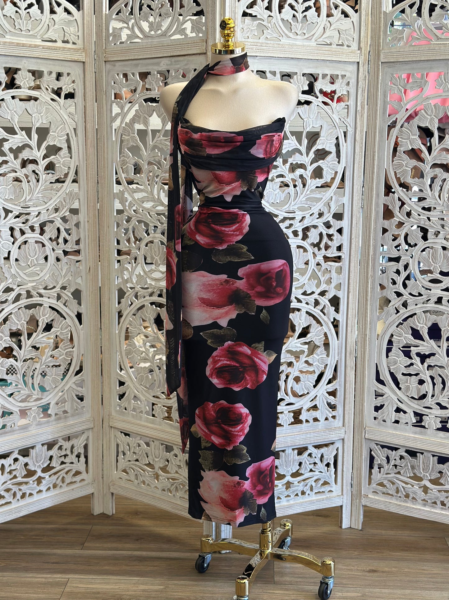 Rose Petal Strapless Scarf Midi Dress - Estira, Stretchy