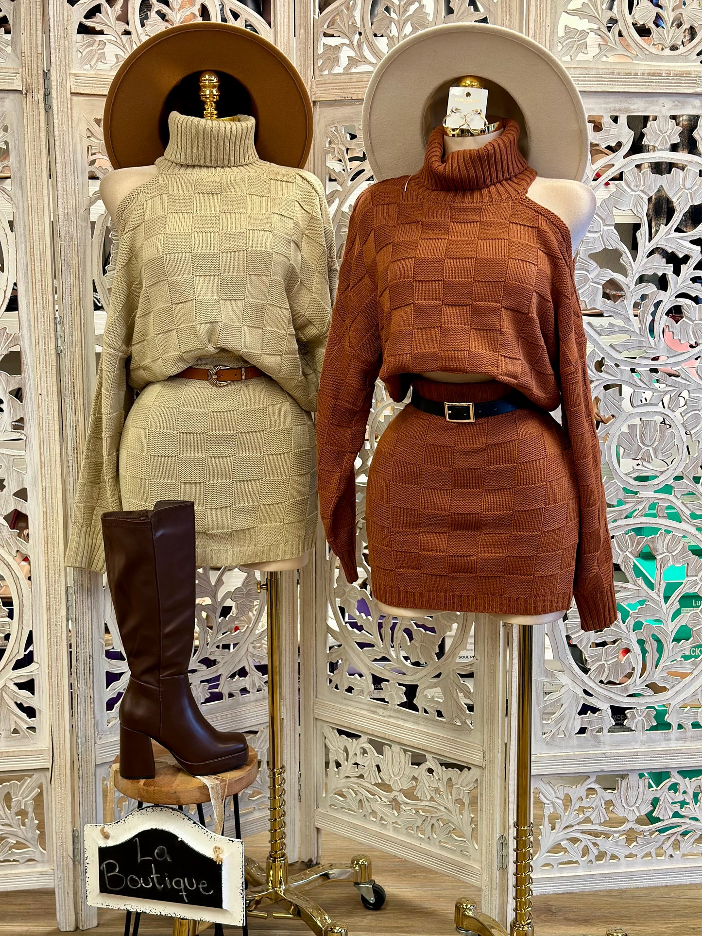 Checkered Shoulder Cutout Sweater Set- Stretchy,Estira.. viene ampliao