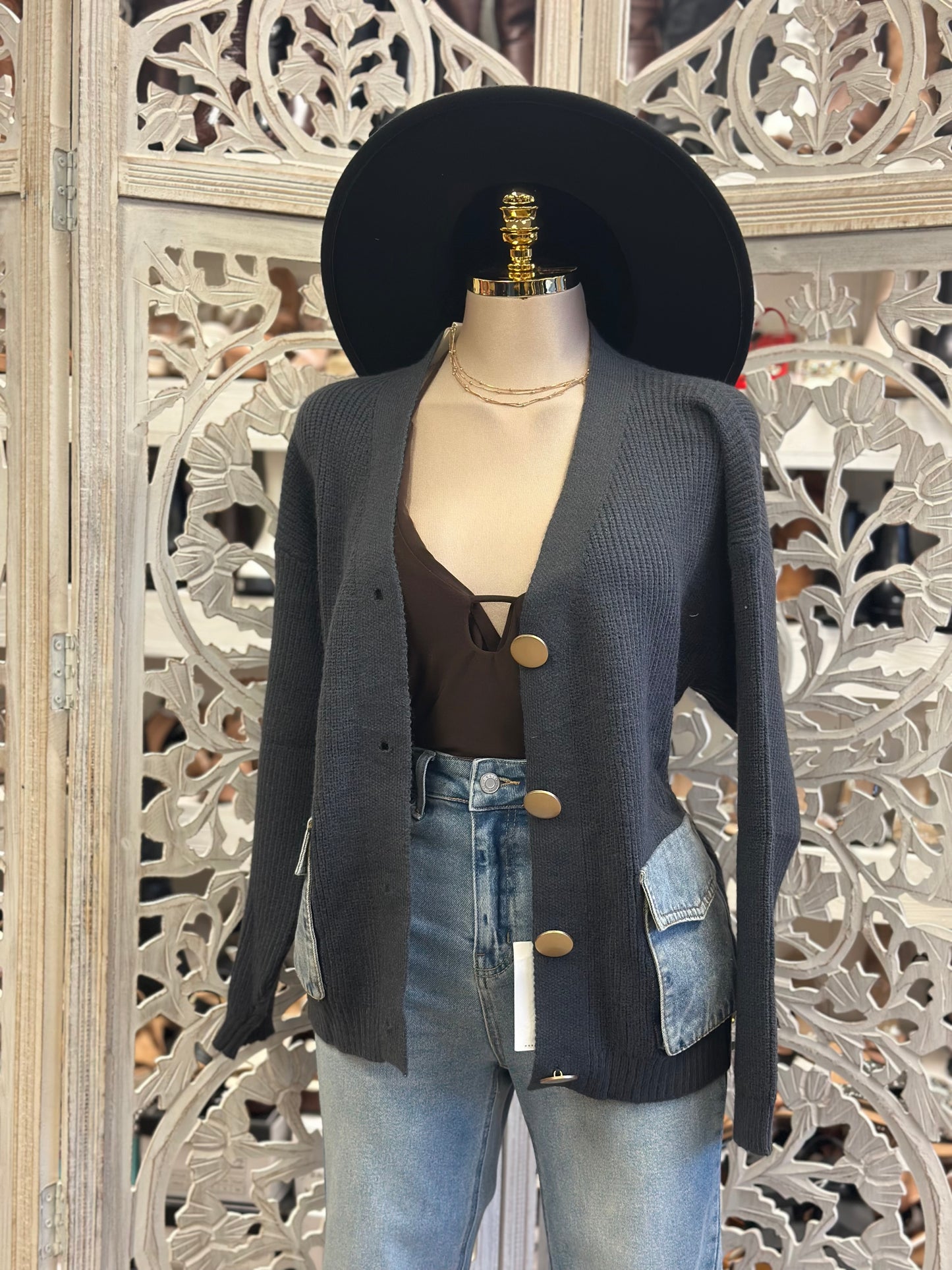 Denim Patchwork Gold Button Up Cardigan