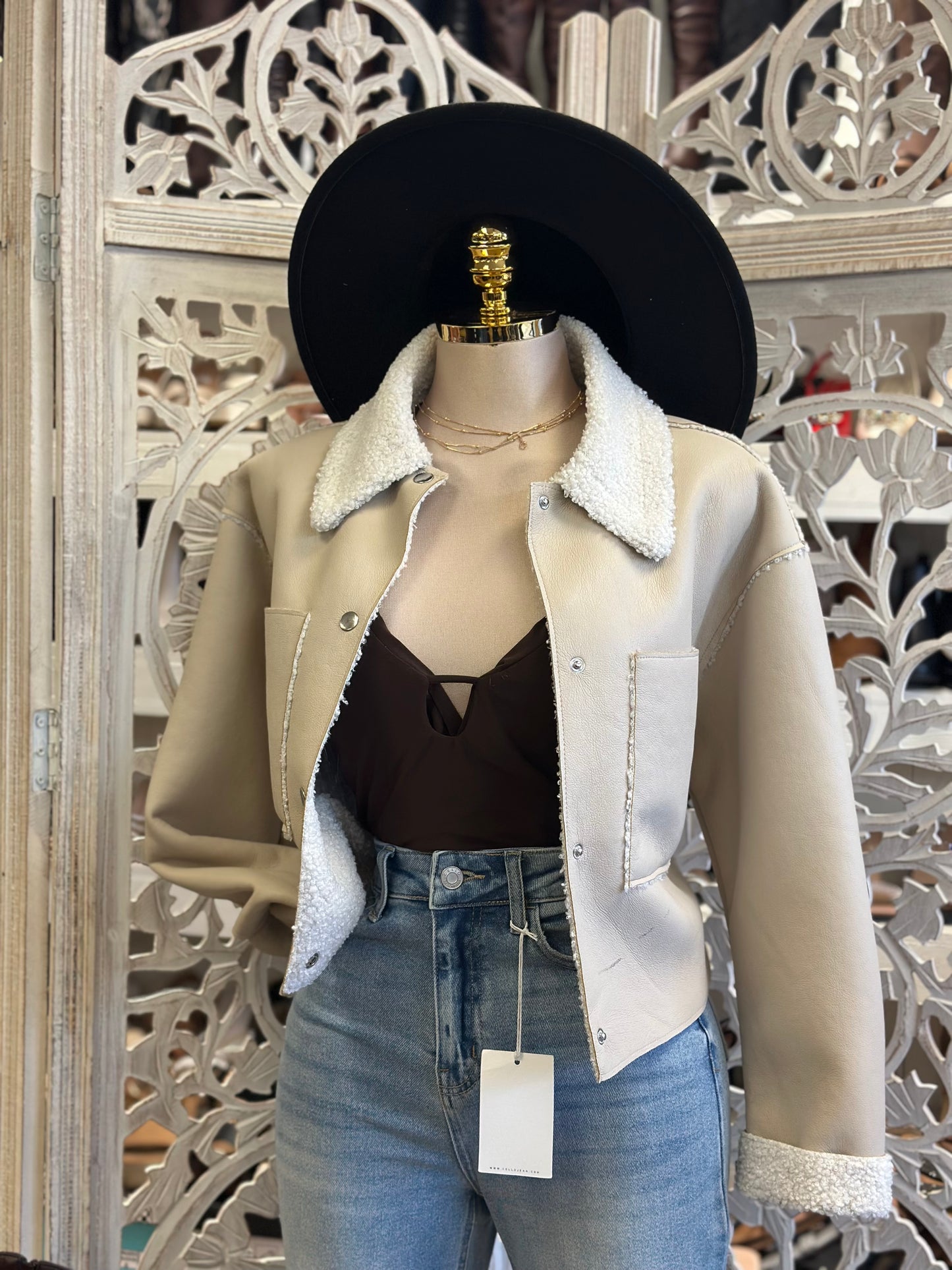 Soft Brown Plush Neck Suede Jacket