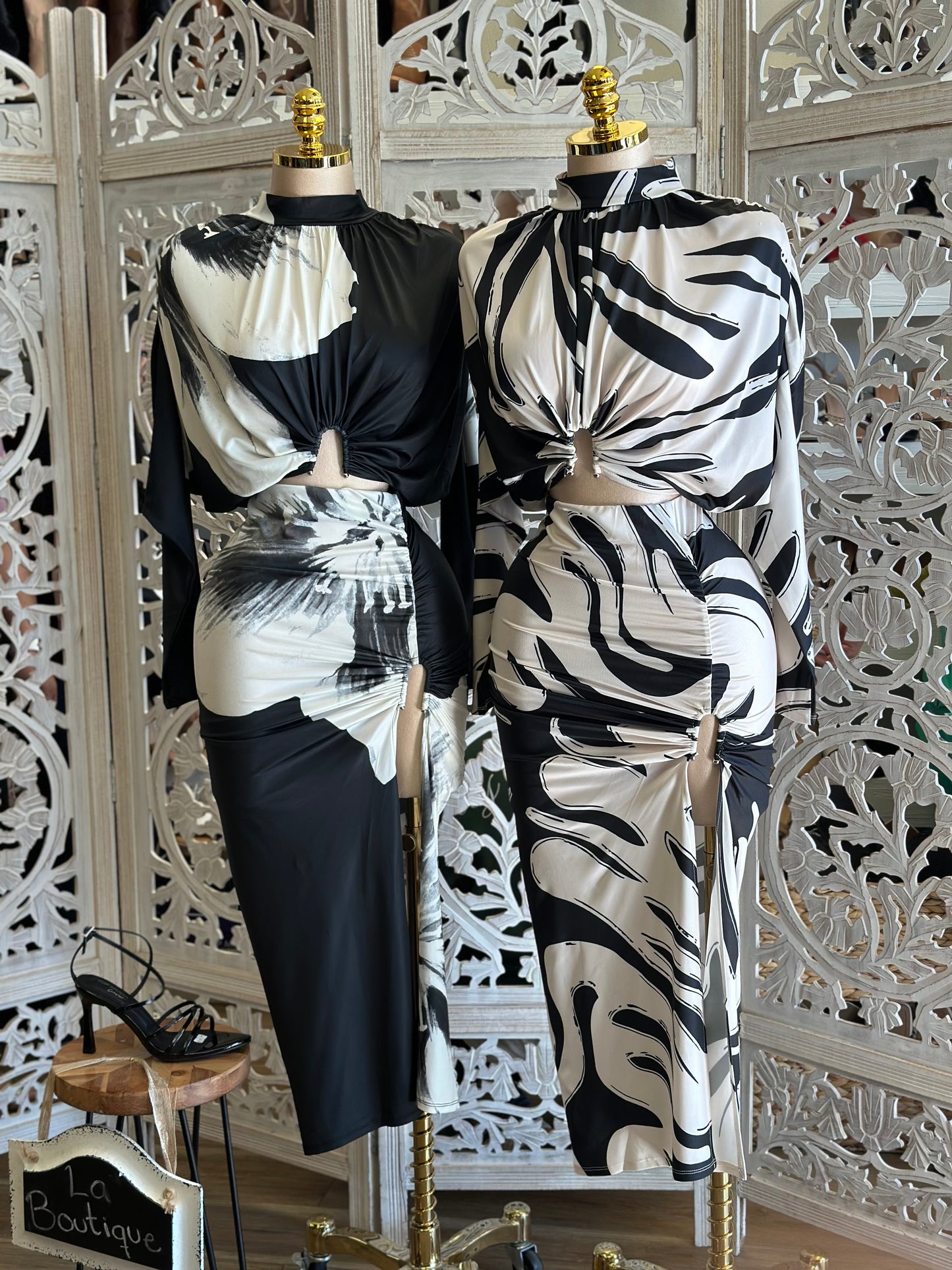 Multi Pattern Draped Top and Skirt Set - Stretchy, Estira