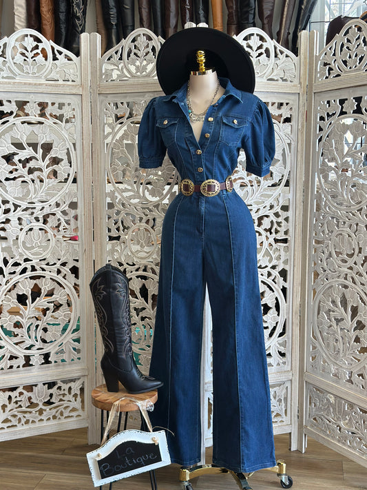 Denim Puff Sleeve Jumpsuit-Estira Poco, Slightly Stretchy