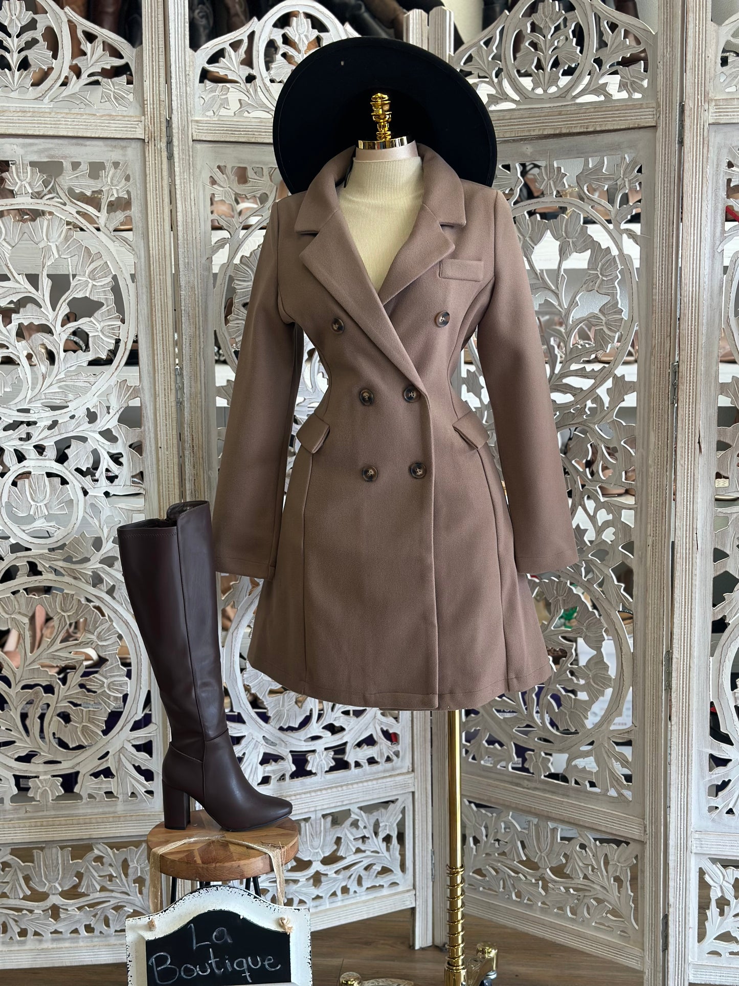 Taupe Two Button Coat- Stretchy, Estira