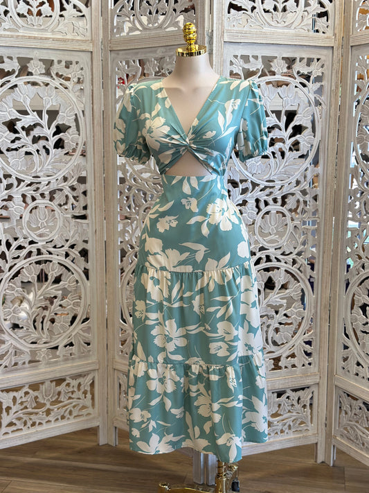 Turquiose Floral Maxi Dress- Not Stretchy , No Estira