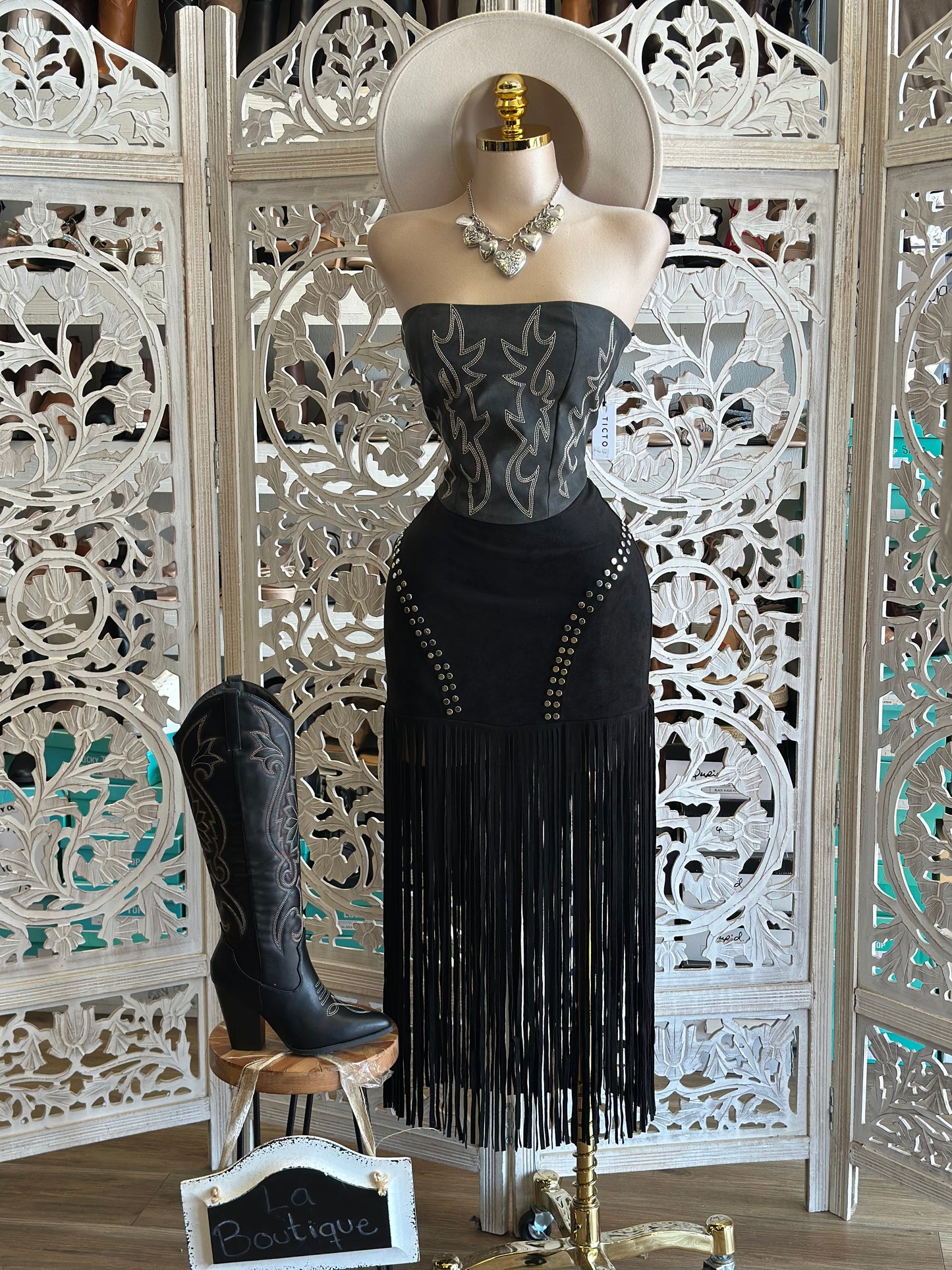 Black Suede Fringe Midi Skirt-Estira, Stretchy