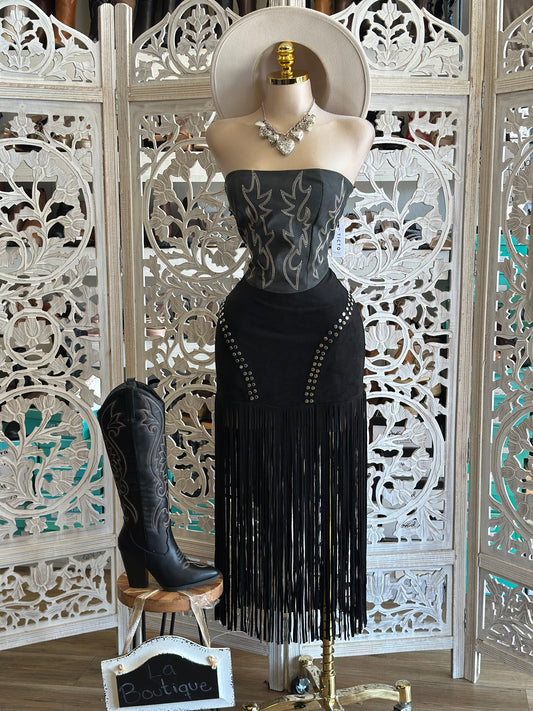 Black Suede Fringe Midi Skirt-Estira, Stretchy