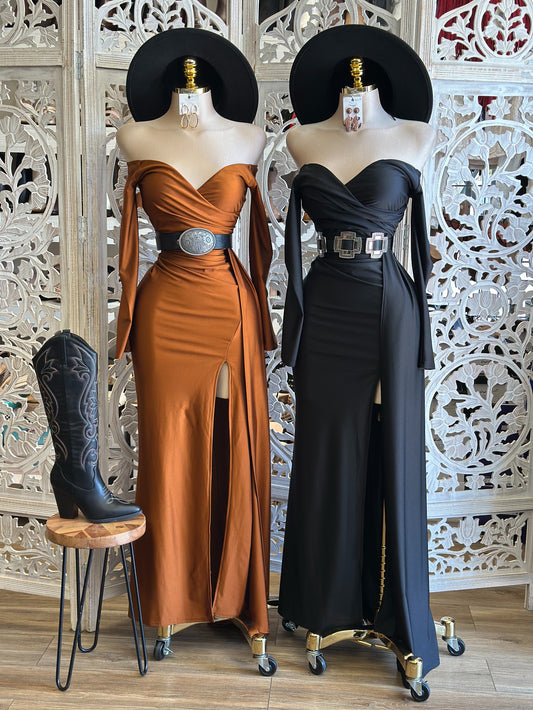Heart Neck Off Shoulder High Slit Dress- Stretchy,Estira