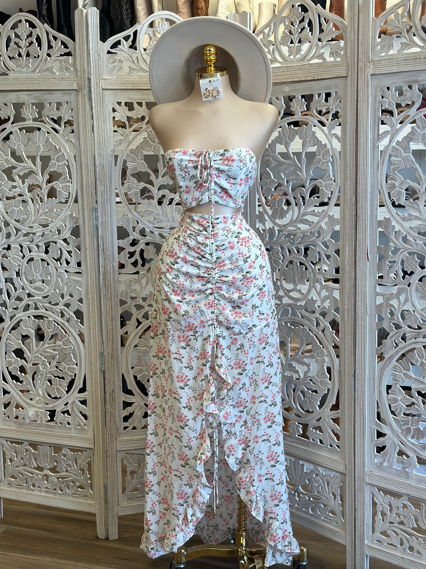 Strapless Ruched Floral Set - No Estira, Not Stretchy
