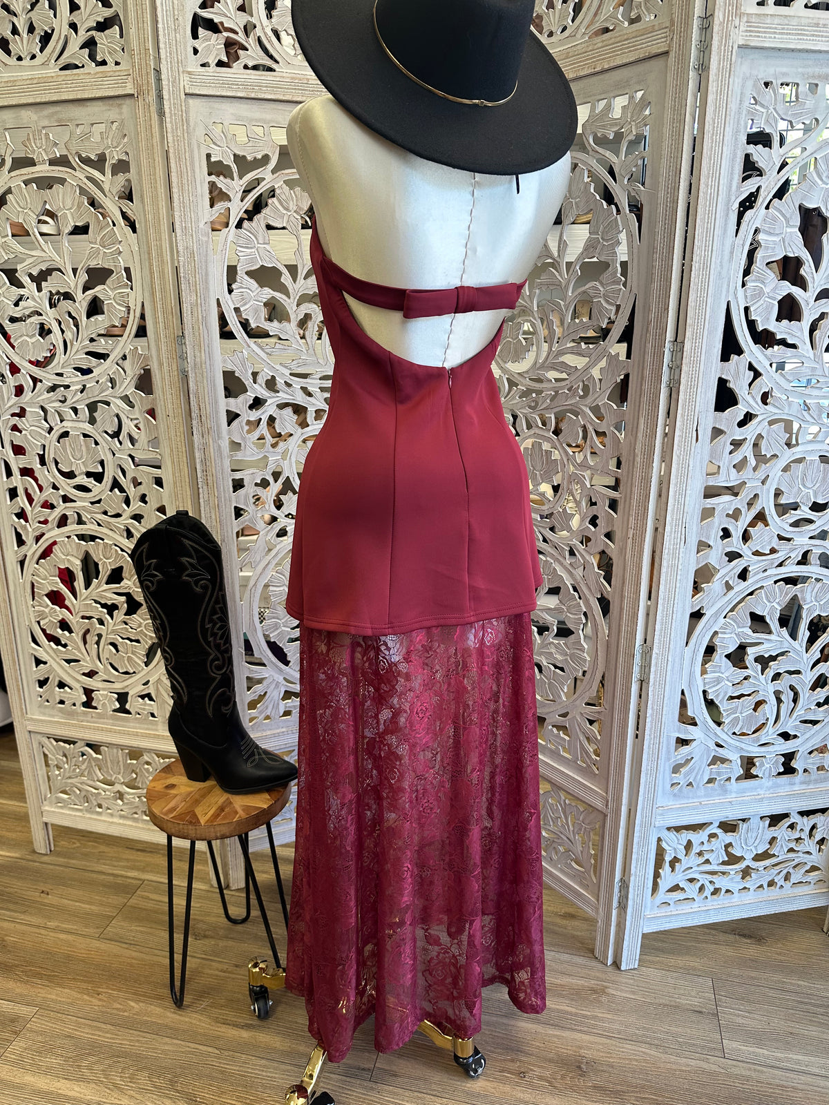 Burgundy Lace Overlay Strapless Maxi Dress -Stretchy,Estira