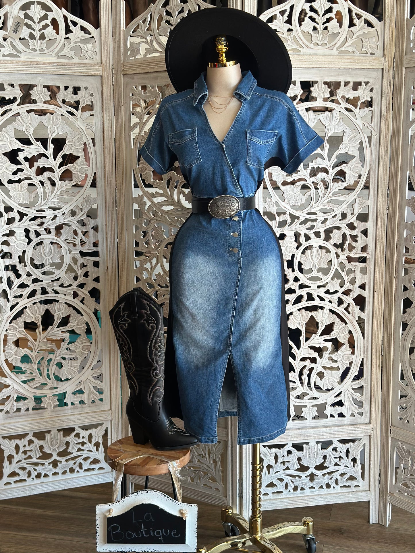 Denim Wrapped Collard Midi Dress- Stretchy,Estira