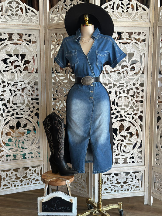 Denim Wrapped Collard Midi Dress- Stretchy,Estira