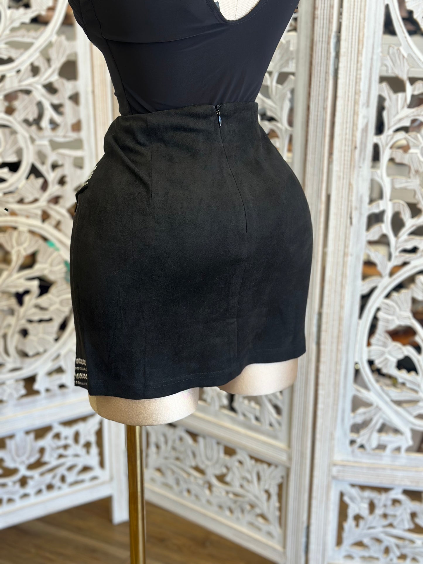 Black Suede Studded Mini Skirt- Stretchy , Estira