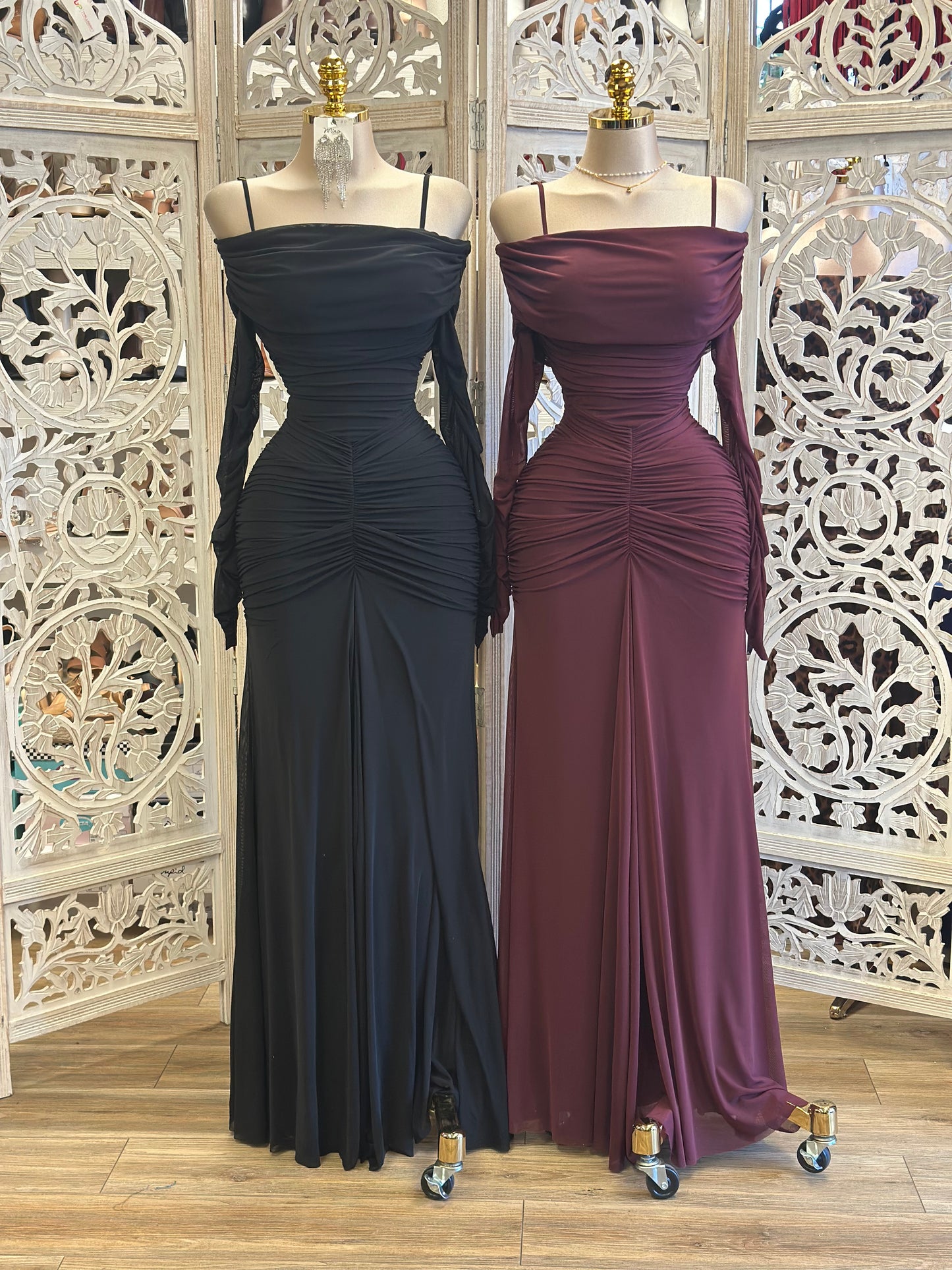 Ruched Off Shoulder Maxi Dress- Stretchy,Estira