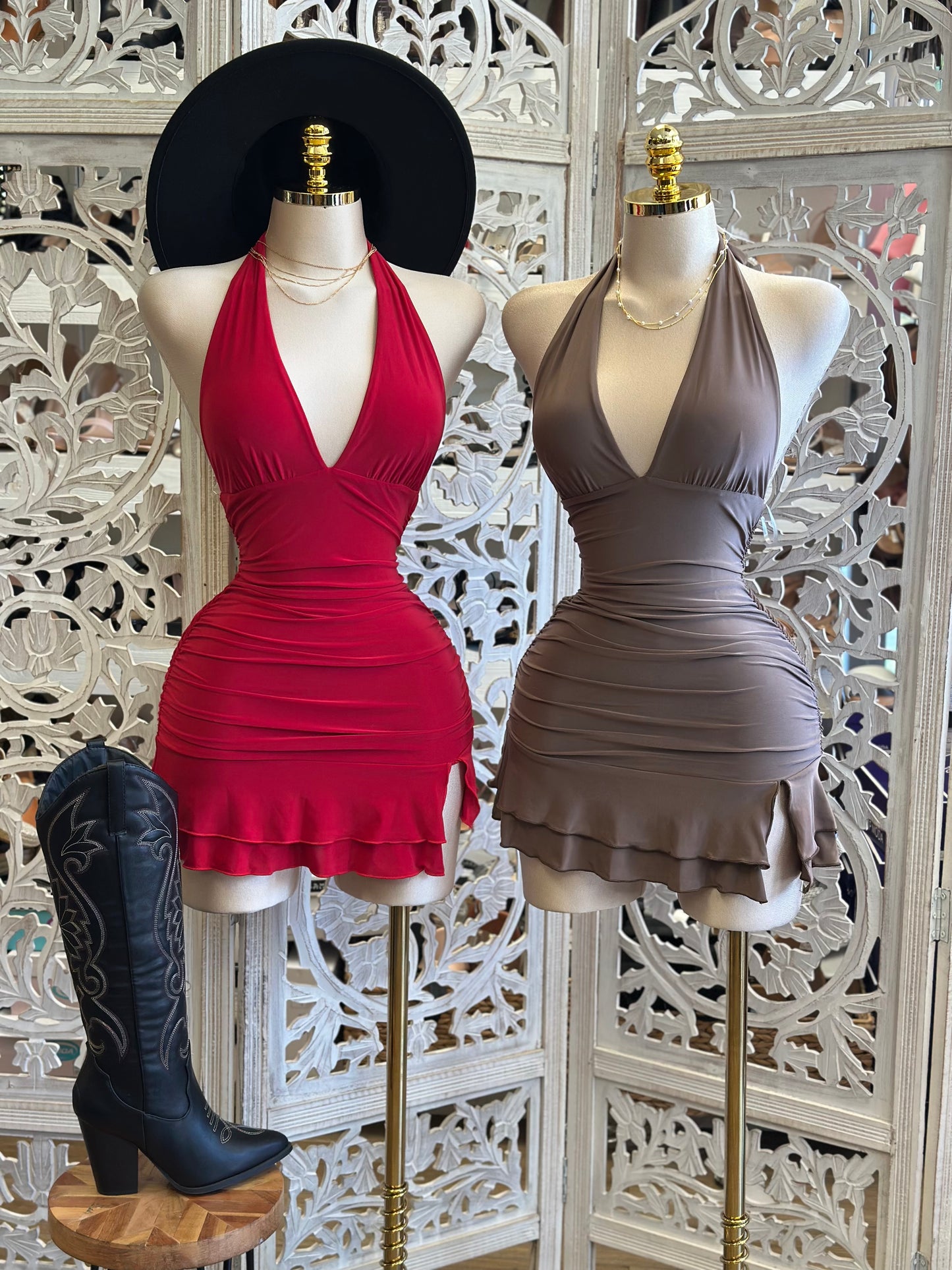 Deep Neckline Ruffle Mini Dress - Estira, Stretchy lo