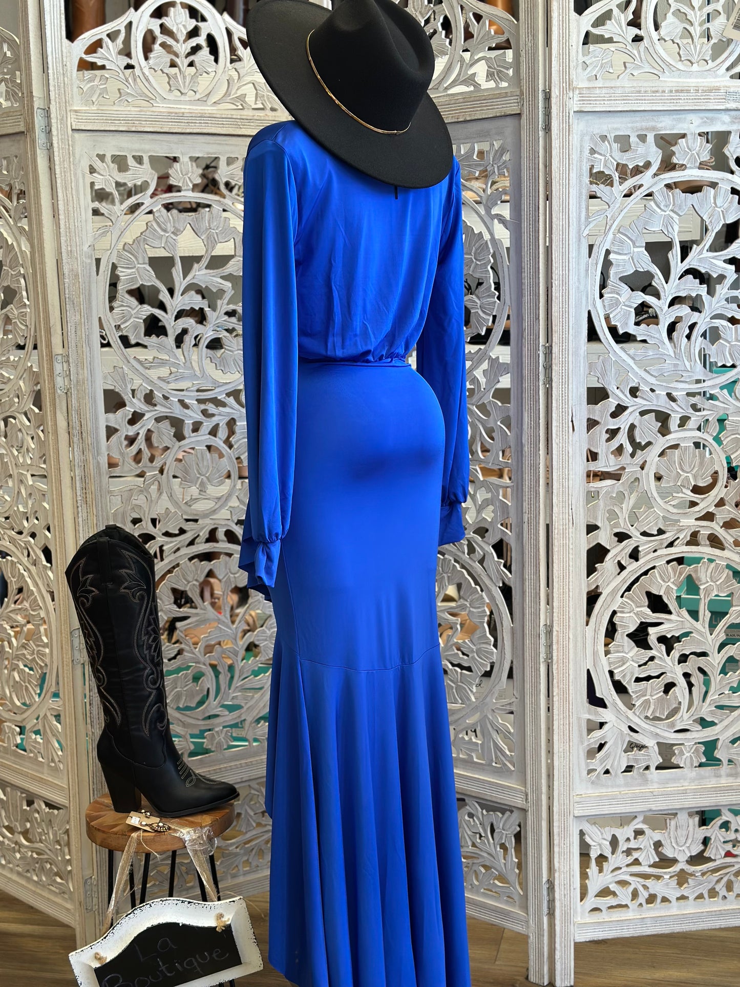 Royal Blue Asymmetrical Ruffle Dress-Estira, Stretchy