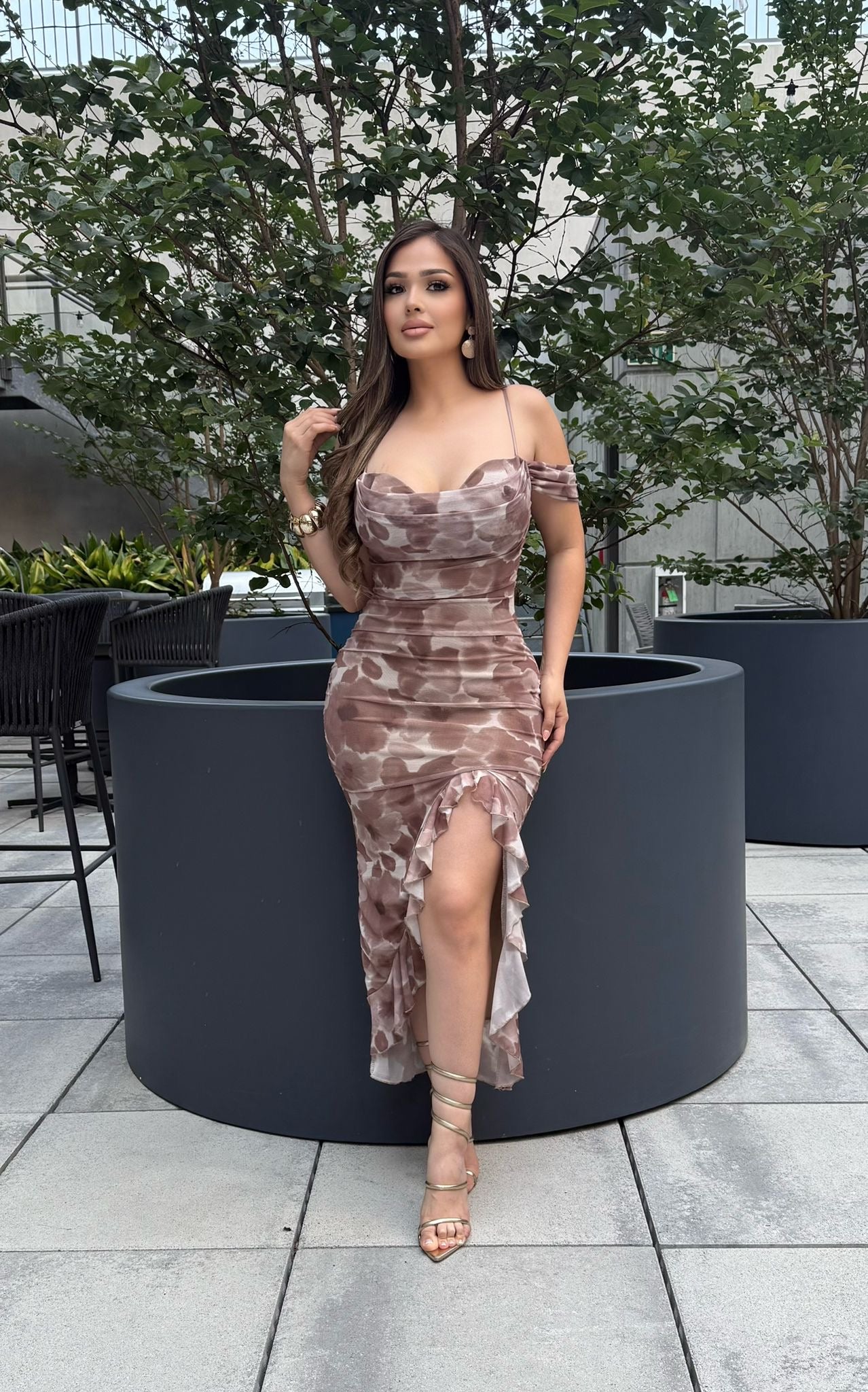 Brushed Floral Off Shoulder Draped Ruffle Midi Dress-Estira, Stretchy