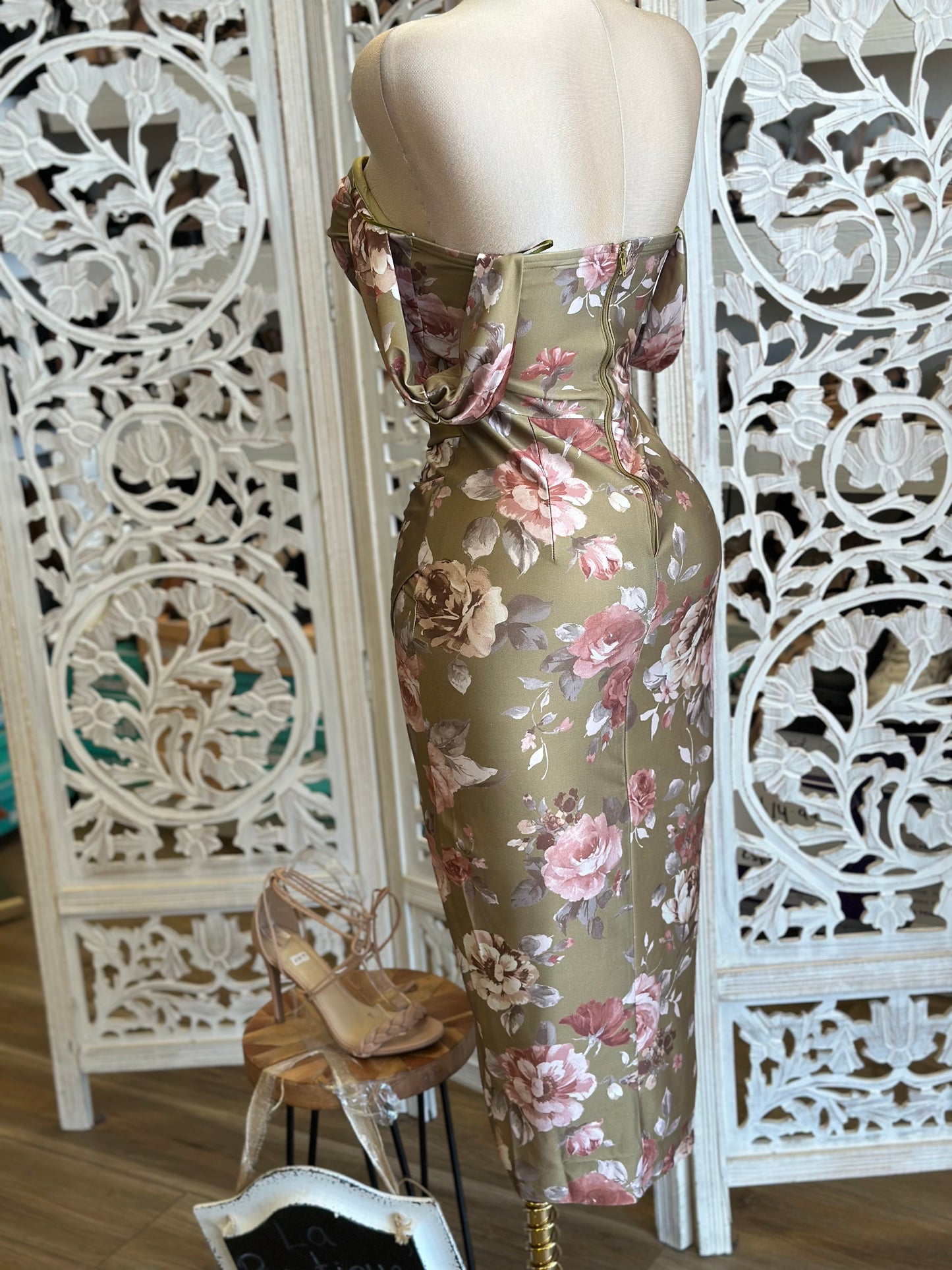 Floral Off Shoulder Wrapped Dress- Stretchy, Estira