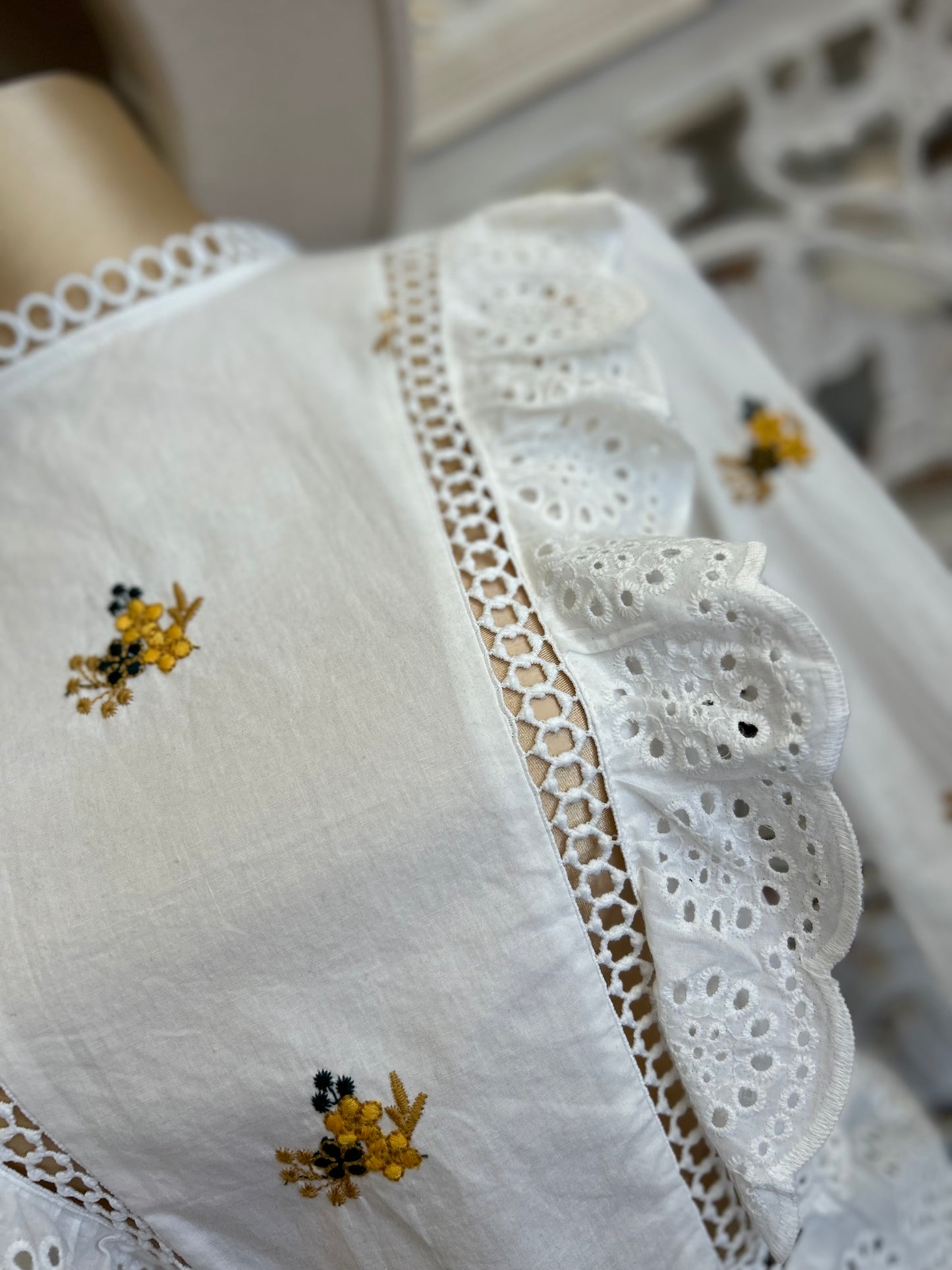 Lace Yellow Floral Embroidered White Blouse - Not Stretchy