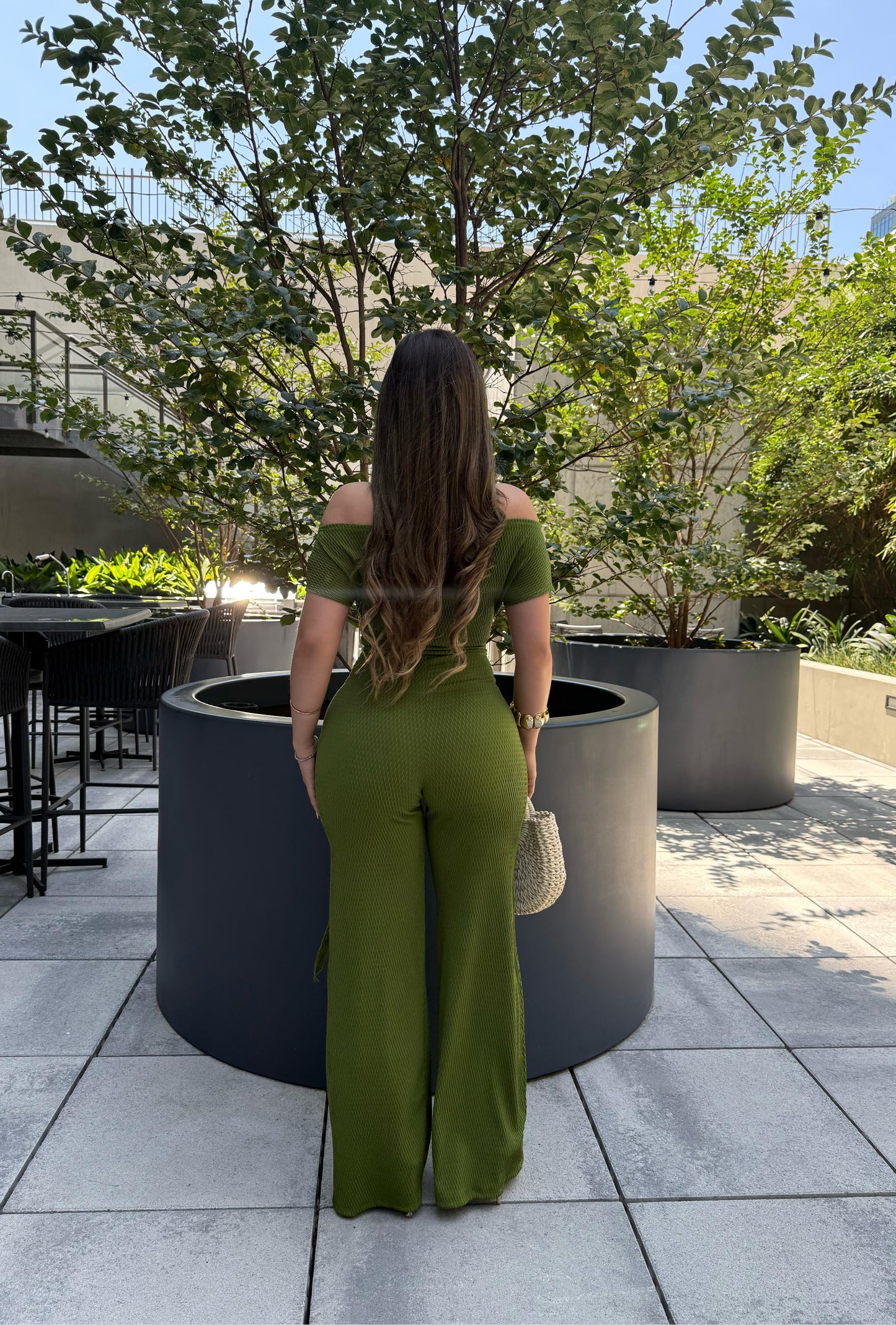 Avocado Green Ribbed Asymmetrical Jumpsuit - Stretchy,Estira