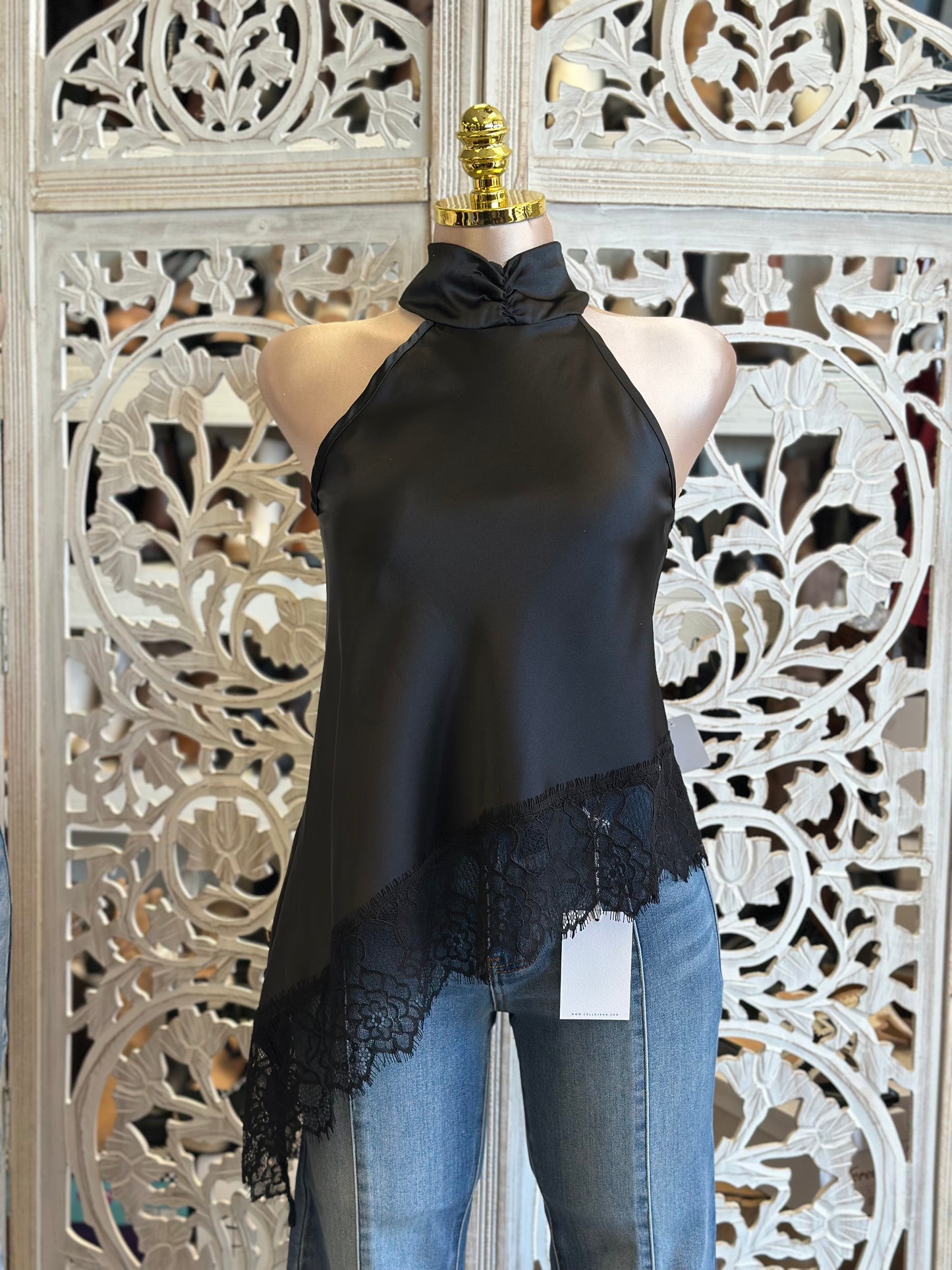 Black Silk High Low Lace Blouse- Estira, Stretchy
