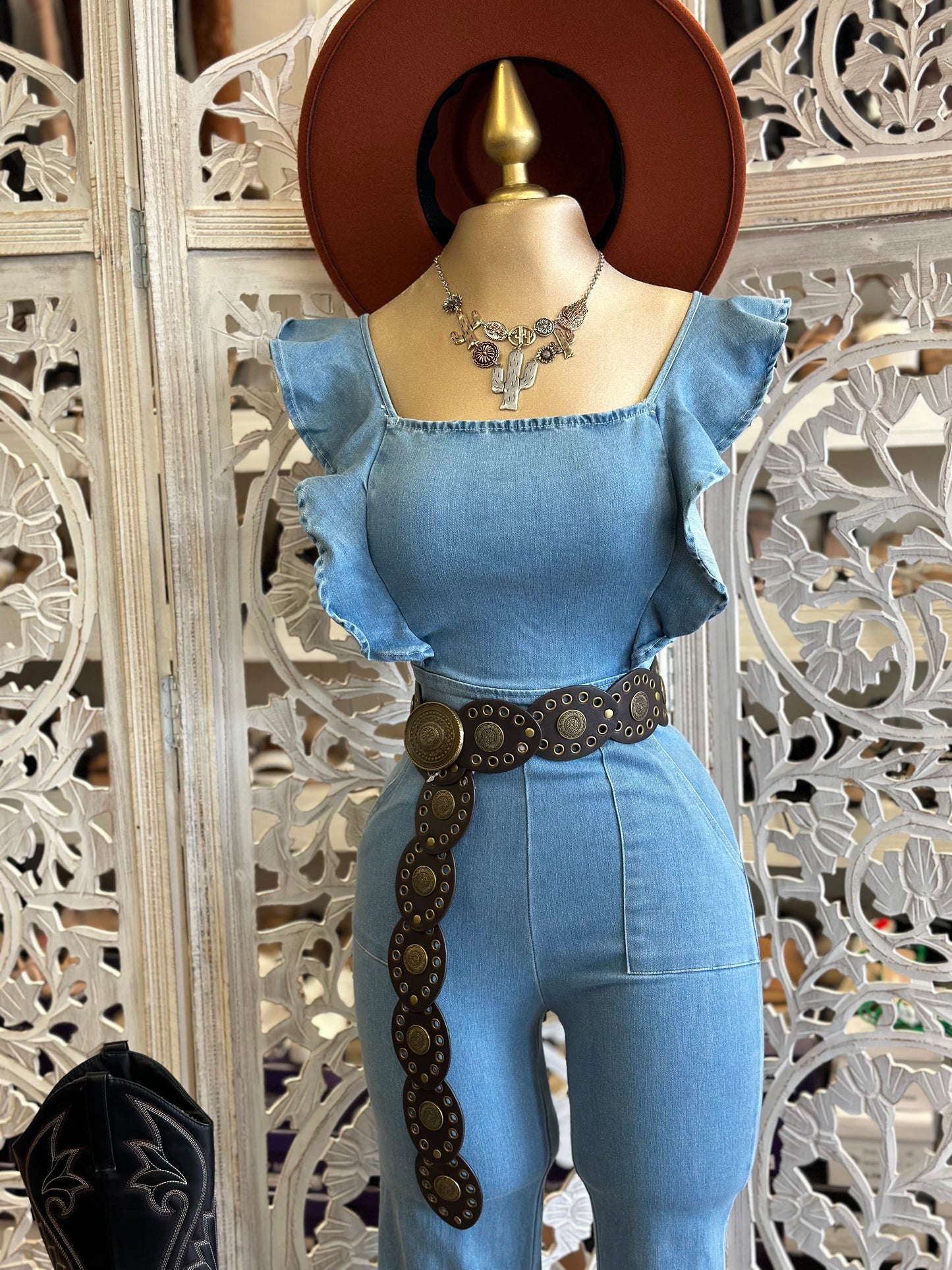 Ruffle Sleeve Light Denim Jumpsuit- Stretchy, Estira