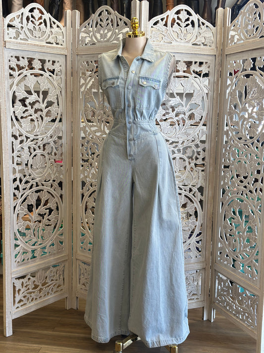 Light Denim Wide Leg Jumpsuit - Not Stretchy,No Estira
