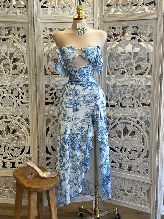 Blue Floral Keyhole Cutout Midi Dress- Stretchy, Estira