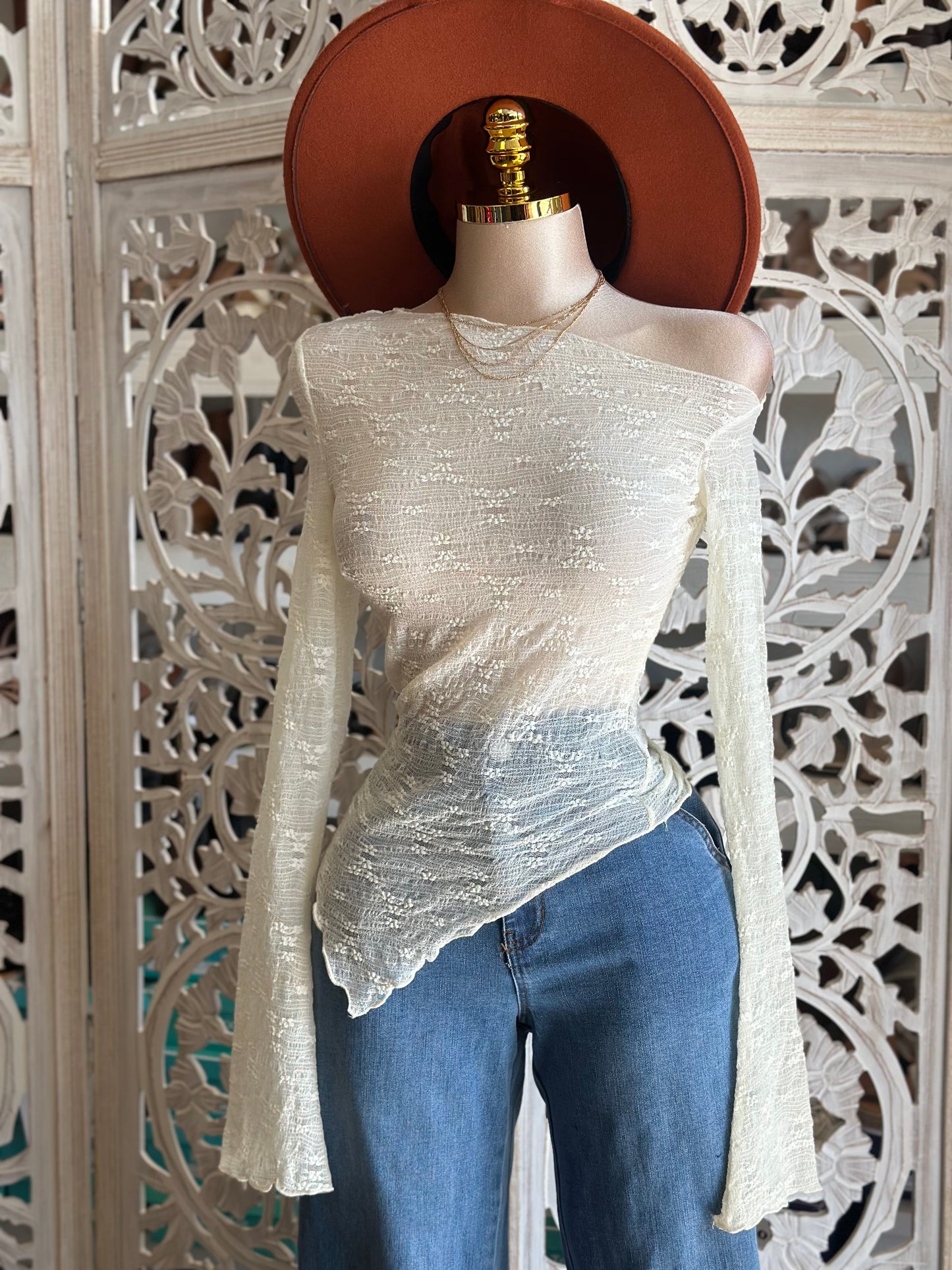 Beige Asymmetrical Lace Top- Estira, Stretchy