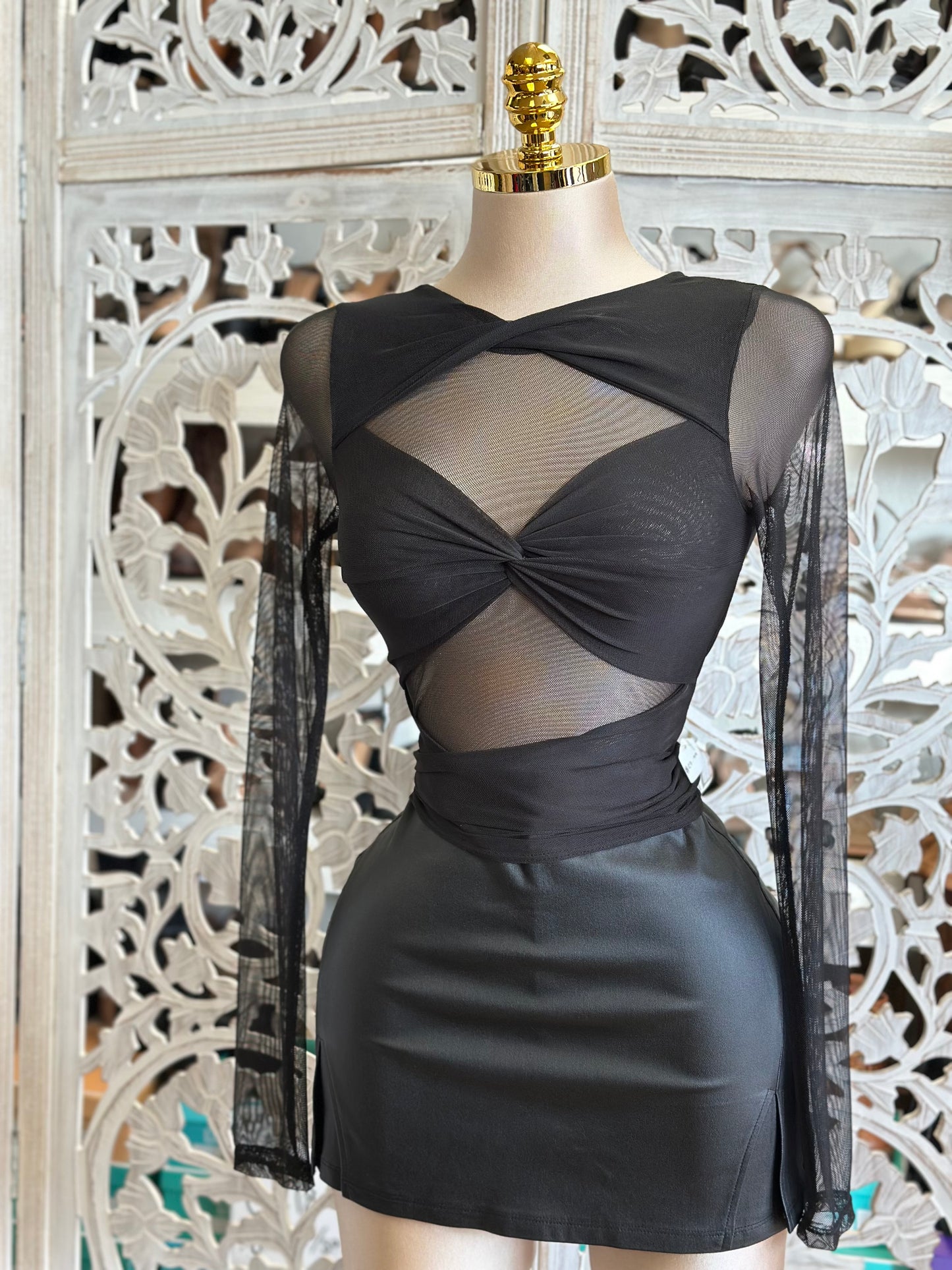 Black Bow Mesh Long Sleeve Blouse- Estira, Stretchy
