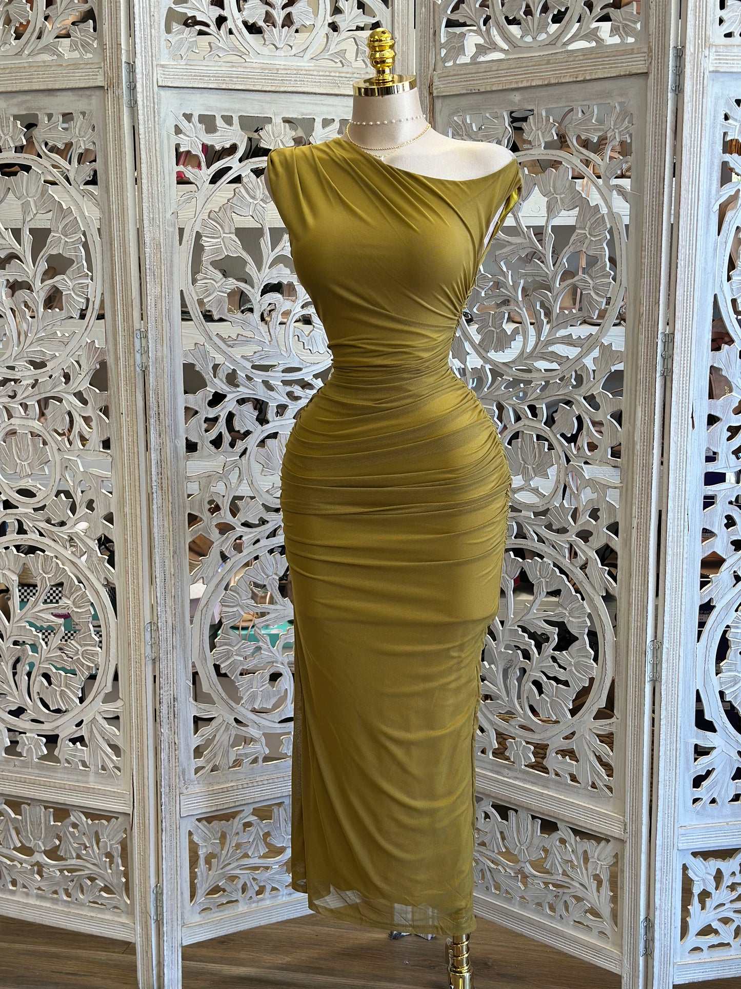 Mustard Asymmetrical Ruched Dress- Stretchy, Estira