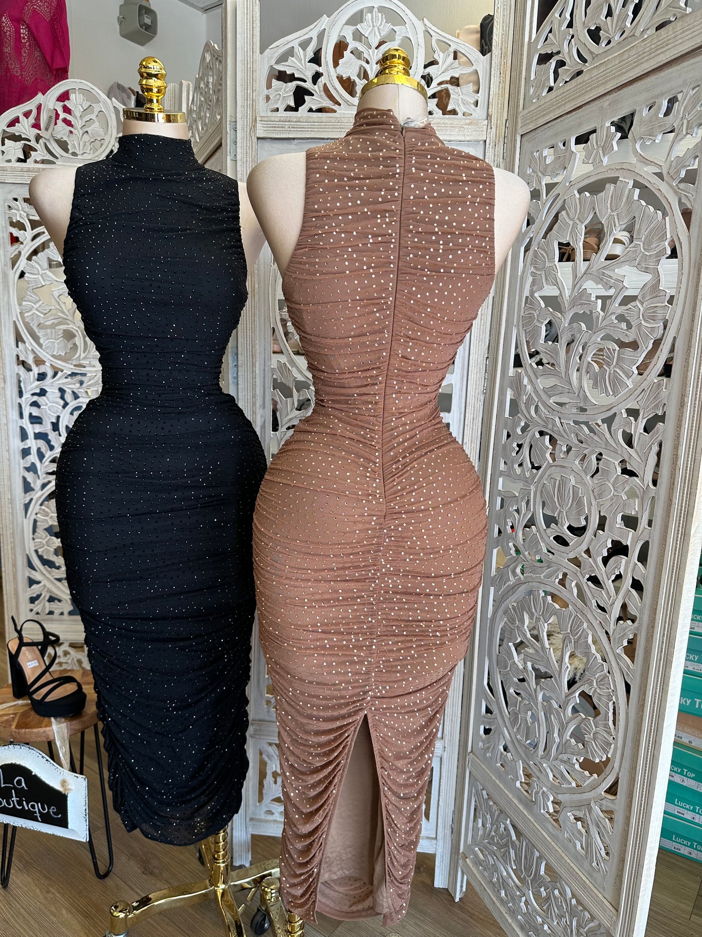Mock Neck Rhinestone Ruched Dress- Stretchy,Estira