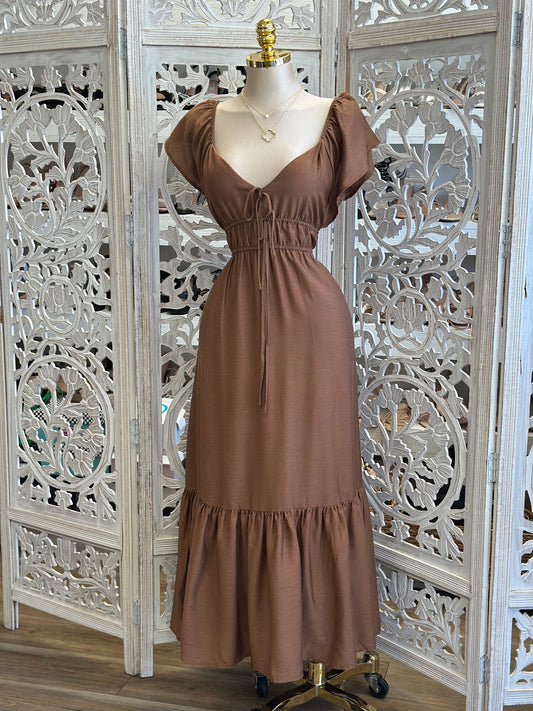 Tiered Earth Brown Maxi Dress-Estira, Stretchy