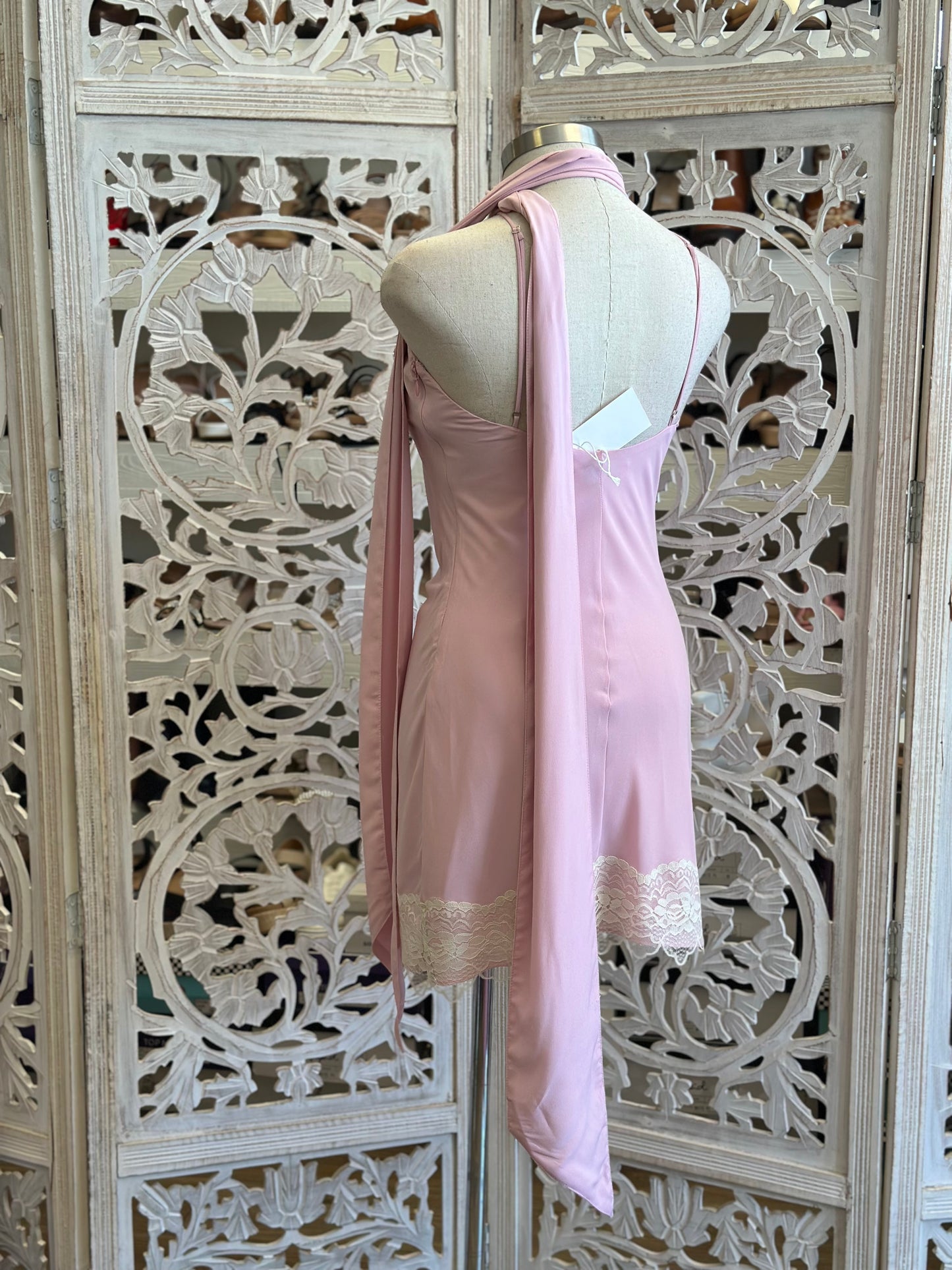 Scarfed Pink Lace Mini Dress- Not Stretchy, No Estira