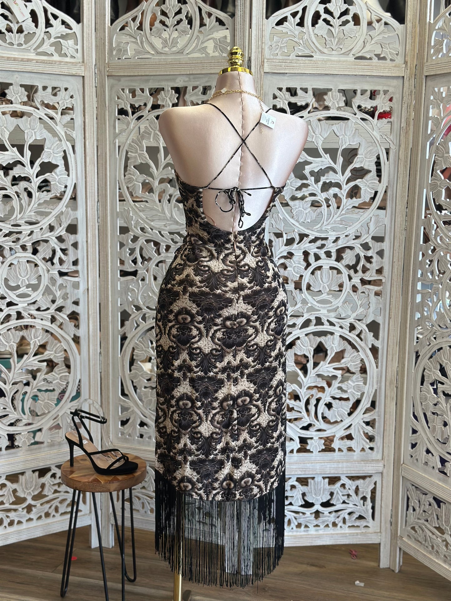 Cross Back Black Lace Dress- Stretchy, Estira
