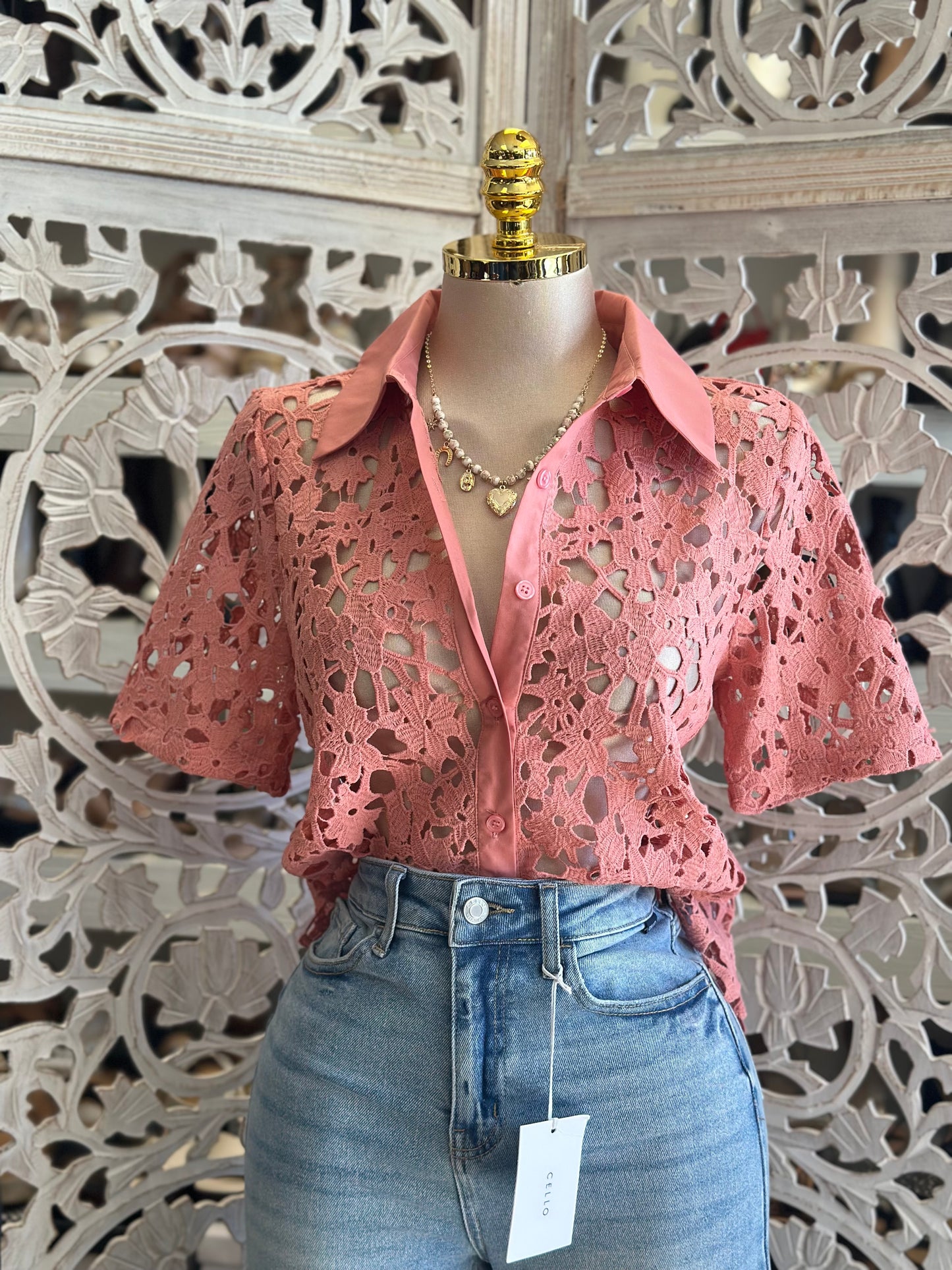 White Floral Button Up Blouse- Estira, Stretchy