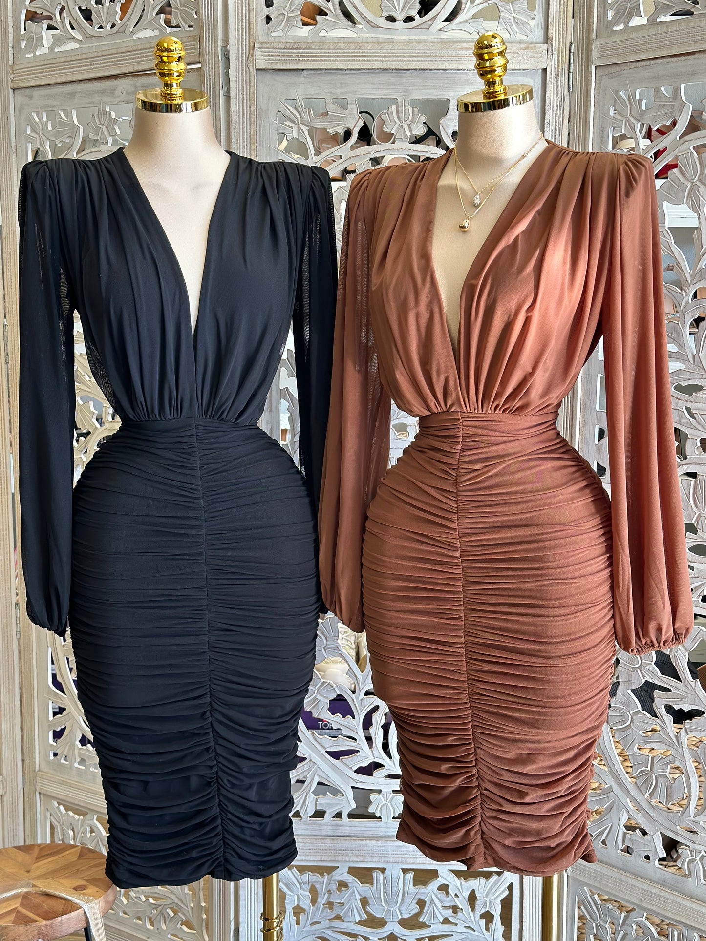 Wrapped Deep V Midi Dress- Stretchy,Estira