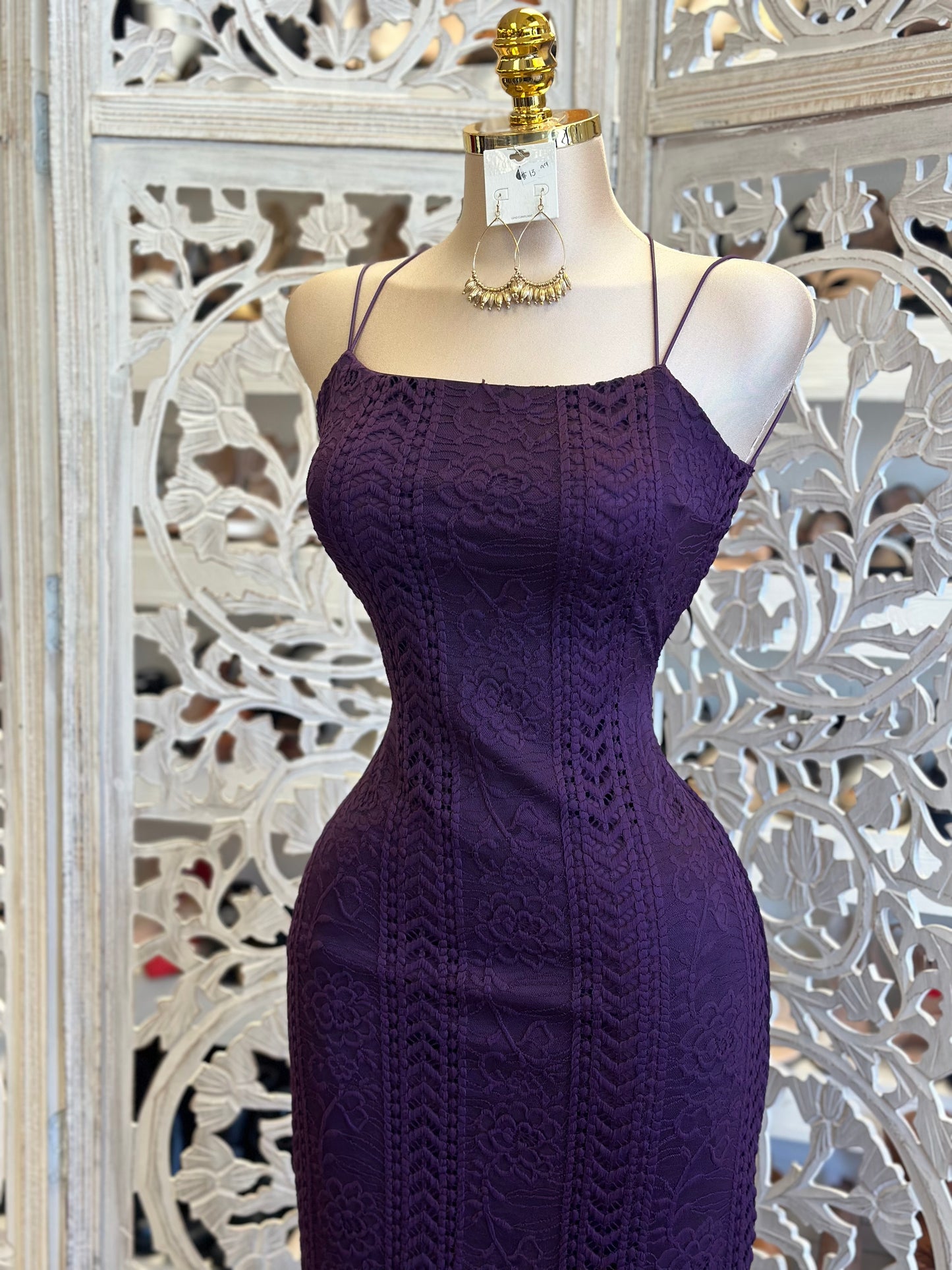 Dark Purple Backless Lace Maxi Dress- Estira, Stretchy