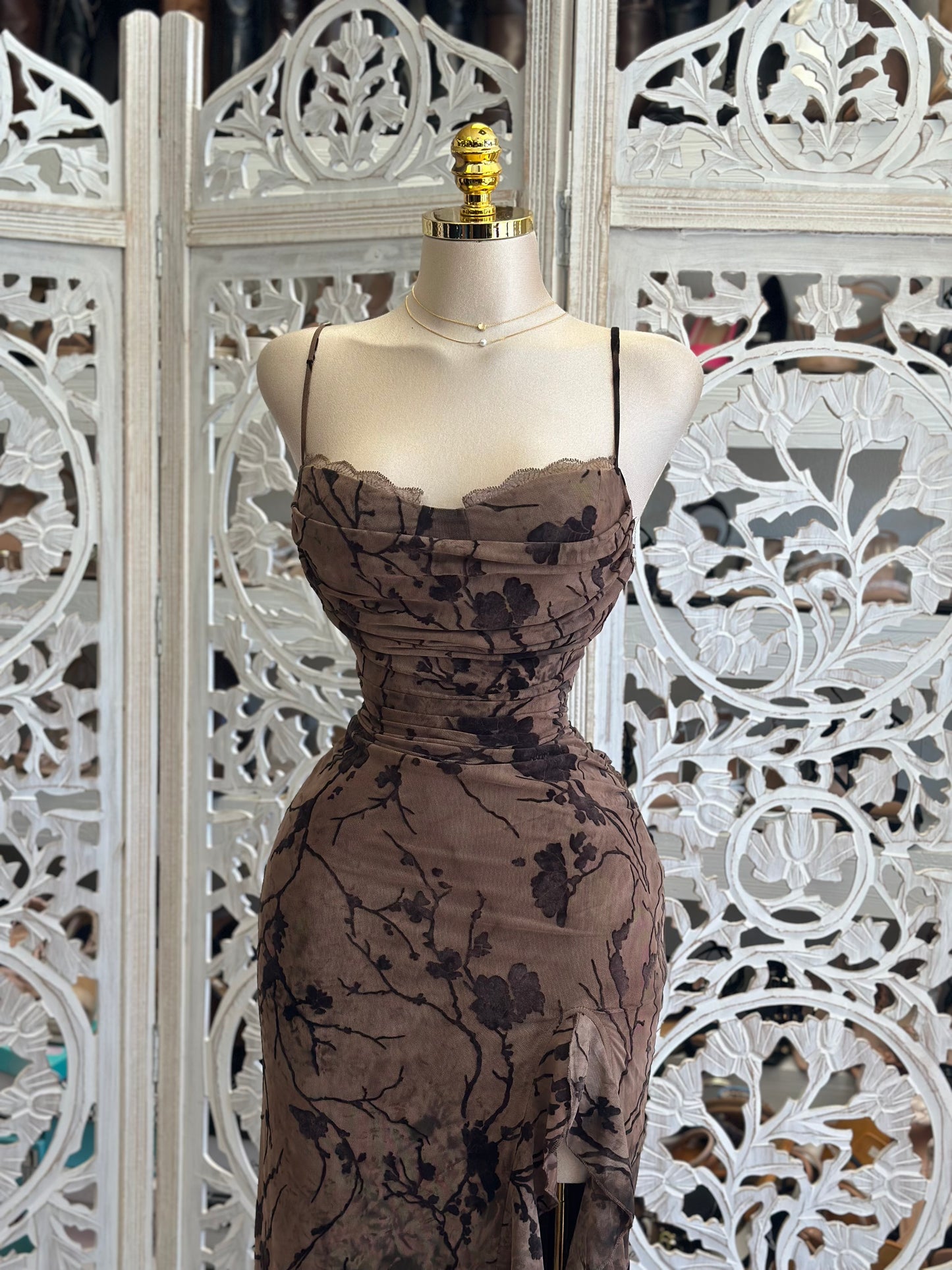 Forest Floral Lace Trim Midi Dress -  Estira, Stretchy
