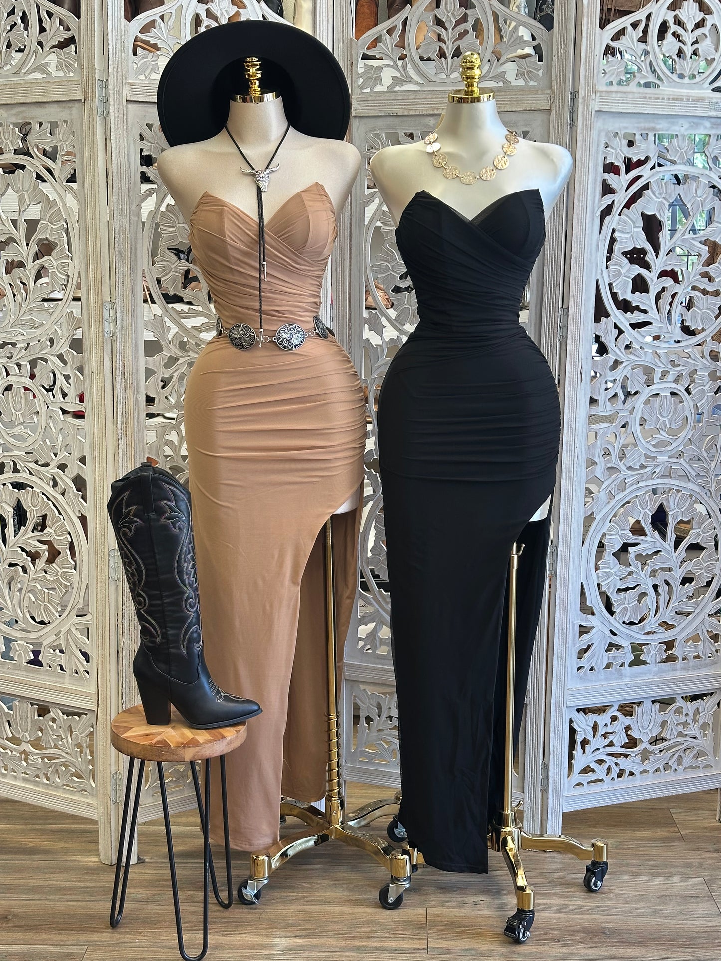 Sharp Strapless Slit Dress- Estira, Stretchy